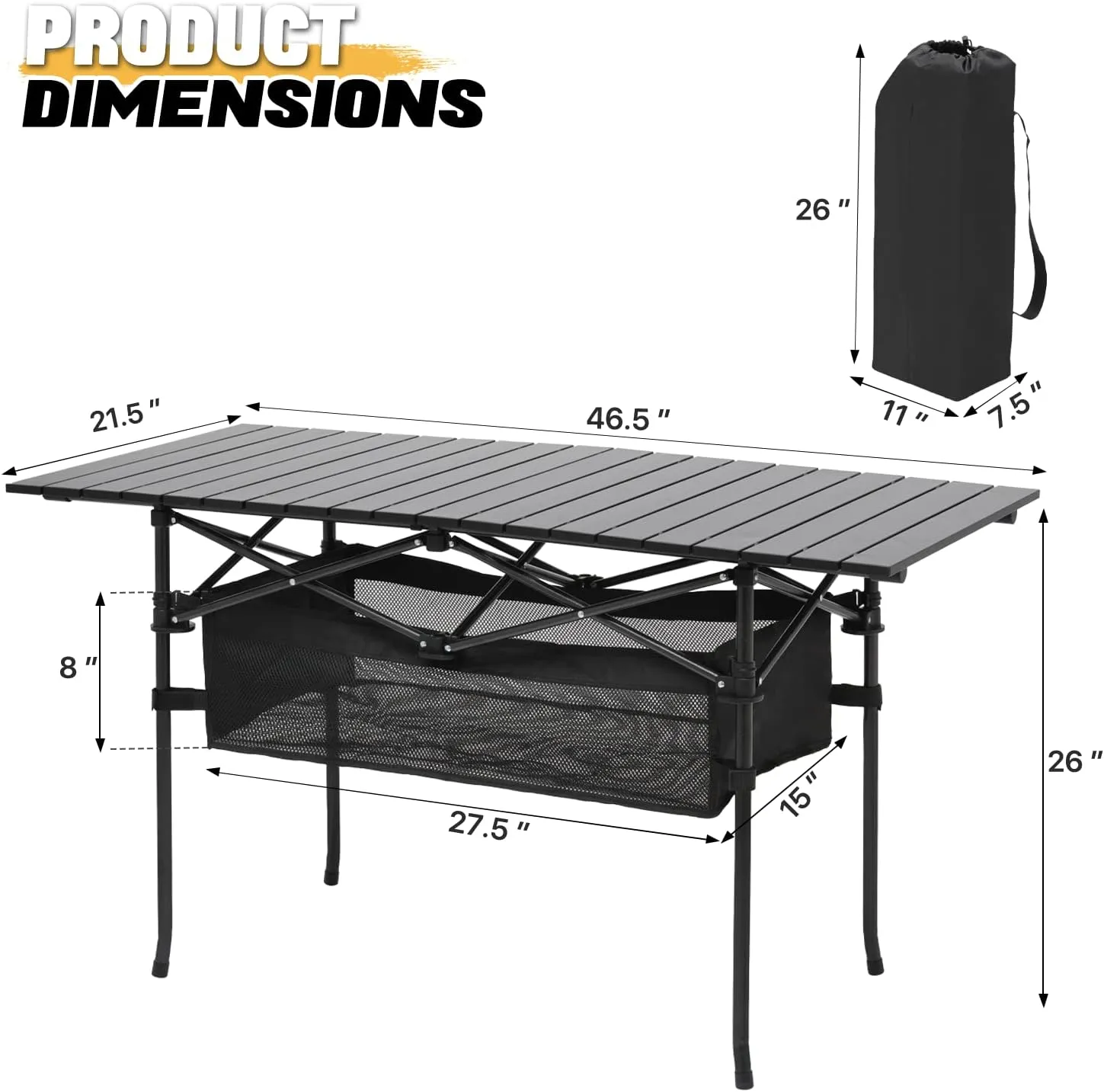 MoNiBloom Camping Table Fold Up Lightweight, 46.5" Length Outdoor Picnic Folding Roll-up Camping Tables with Easy Carrying Bag for Outdoor Beach Backyard BBQ Party Patio Use, Black