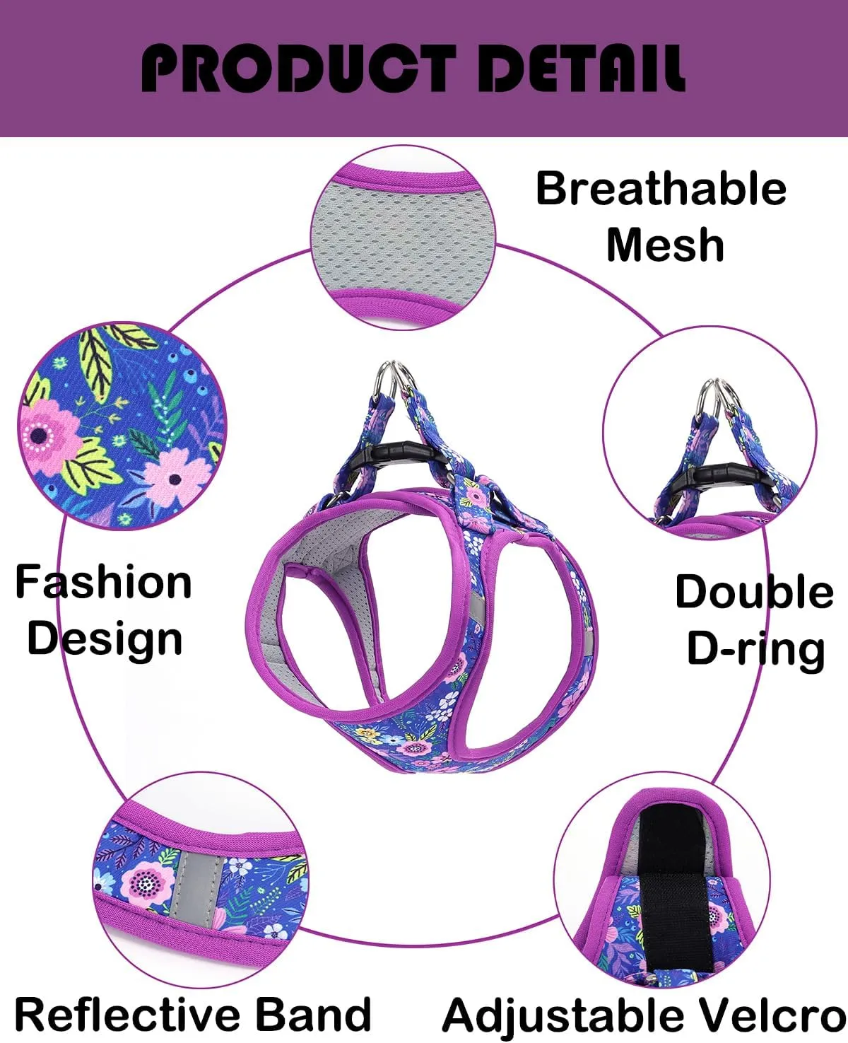 Moonpet Step in Dog Harness Leash Set- All Weather Reflective No-Pull Floral Pattern Padded Mesh Vest Harness for Cats Puppy Extra-Small Small Medium Large Dogs - Dark Flower - S