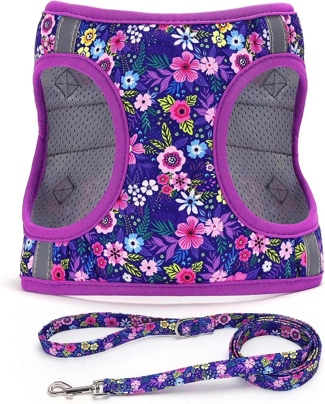 Moonpet Step in Dog Harness Leash Set- All Weather Reflective No-Pull Floral Pattern Padded Mesh Vest Harness for Cats Puppy Extra-Small Small Medium Large Dogs - Dark Flower - S