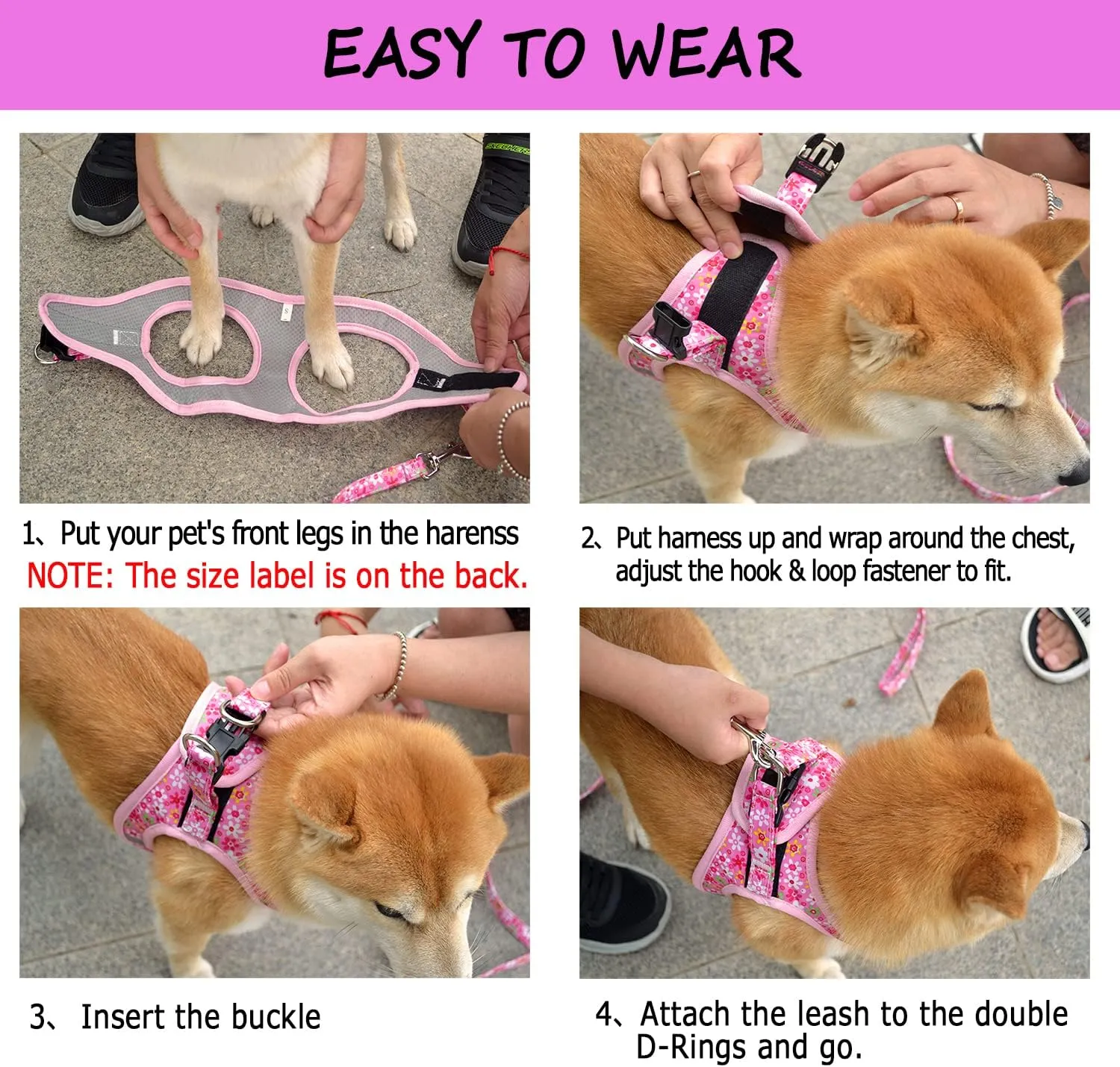 Moonpet Step in Dog Harness Leash Set- All Weather Reflective No-Pull Floral Pattern Padded Mesh Vest Harness for Cats Puppy Extra-Small Small Medium Large Dogs - Dark Flower - S