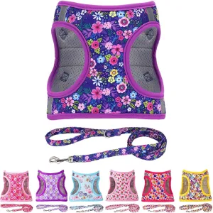 Moonpet Step in Dog Harness Leash Set- All Weather Reflective No-Pull Floral Pattern Padded Mesh Vest Harness for Cats Puppy Extra-Small Small Medium Large Dogs - Dark Flower - S