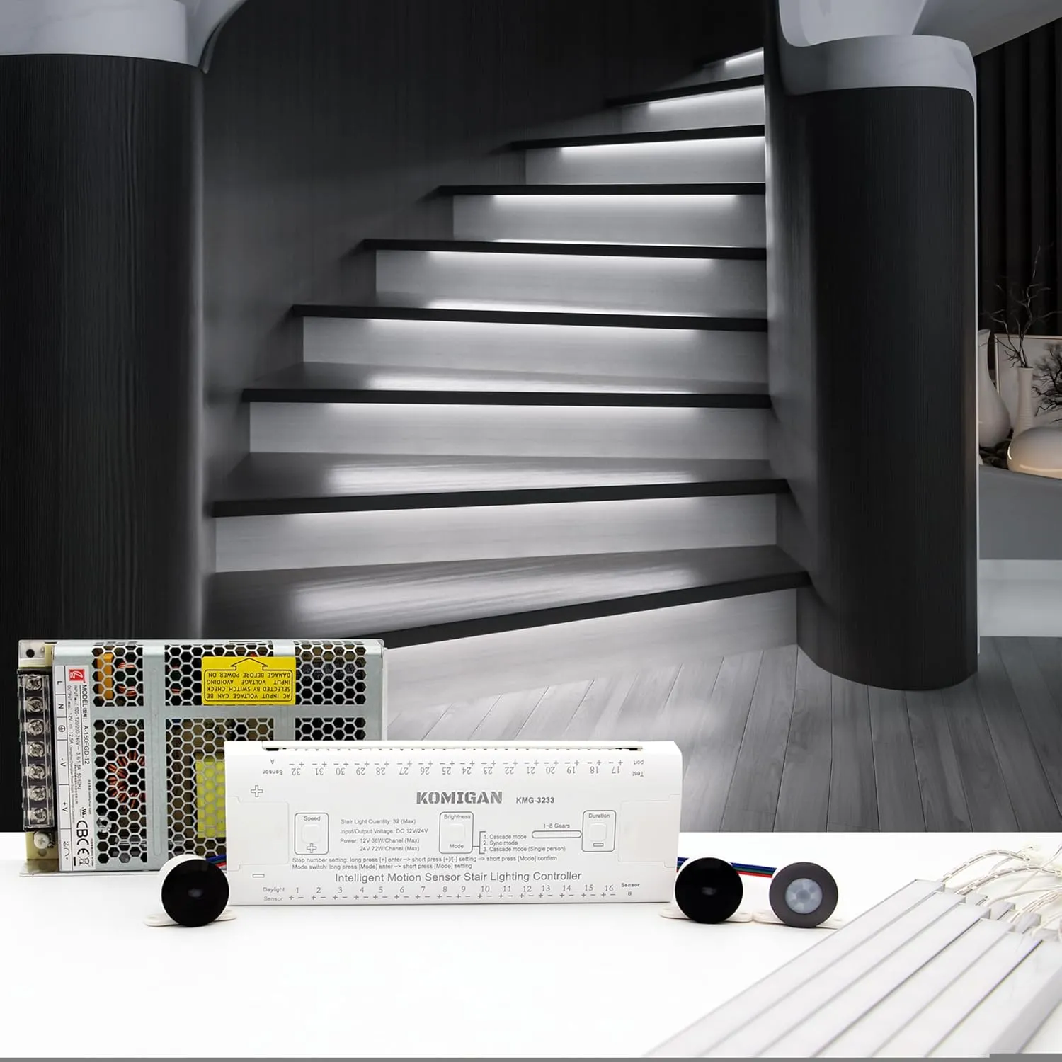 Motion-Activated Cascading Effect LED Stair Lighting Kit KMG-3233, 23.6" Aluminum Light Bar for Indoor Staircases (Cool White 6000K, 14 Stairs)
