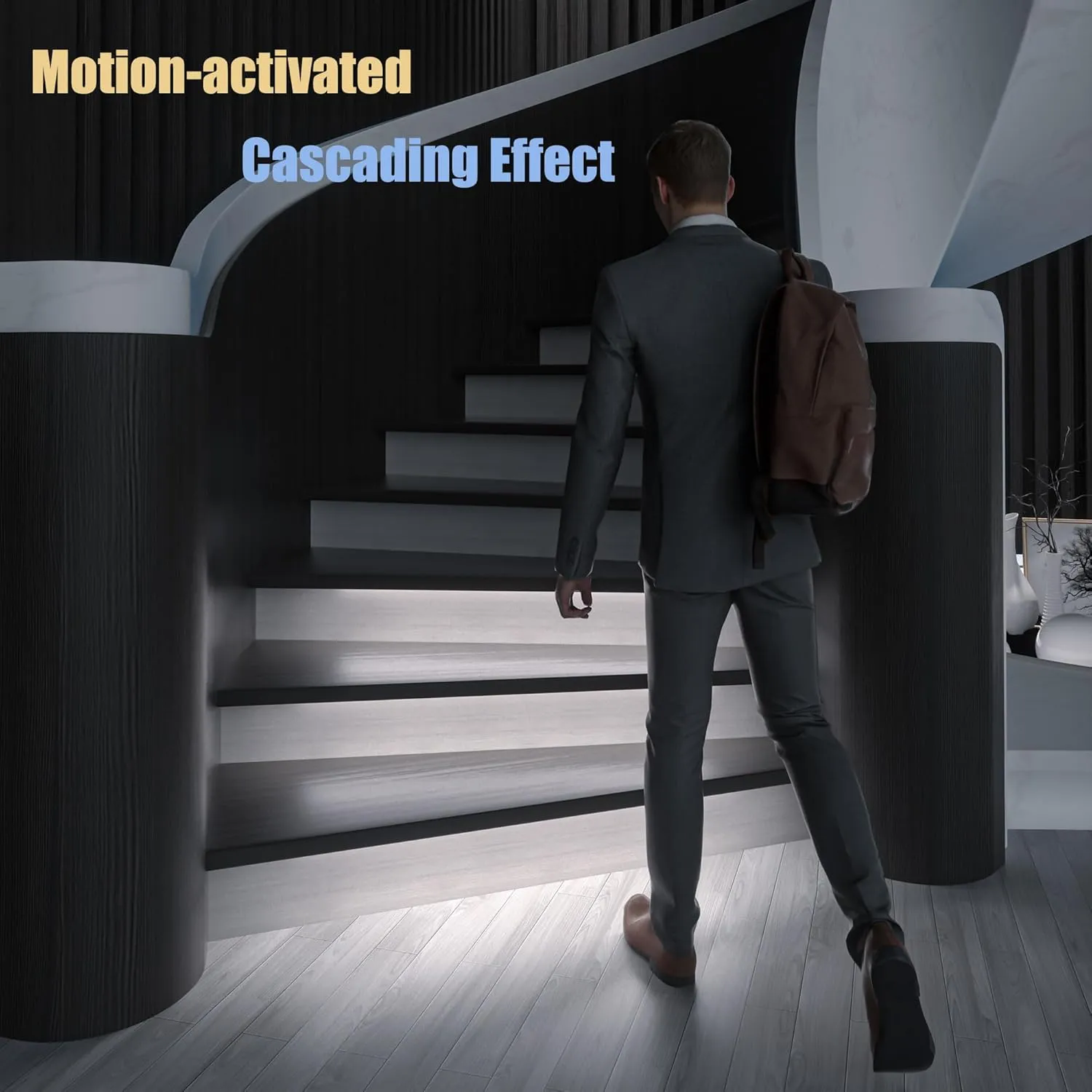Motion-Activated Cascading Effect LED Stair Lighting Kit KMG-3233, 23.6" Aluminum Light Bar for Indoor Staircases (Cool White 6000K, 14 Stairs)