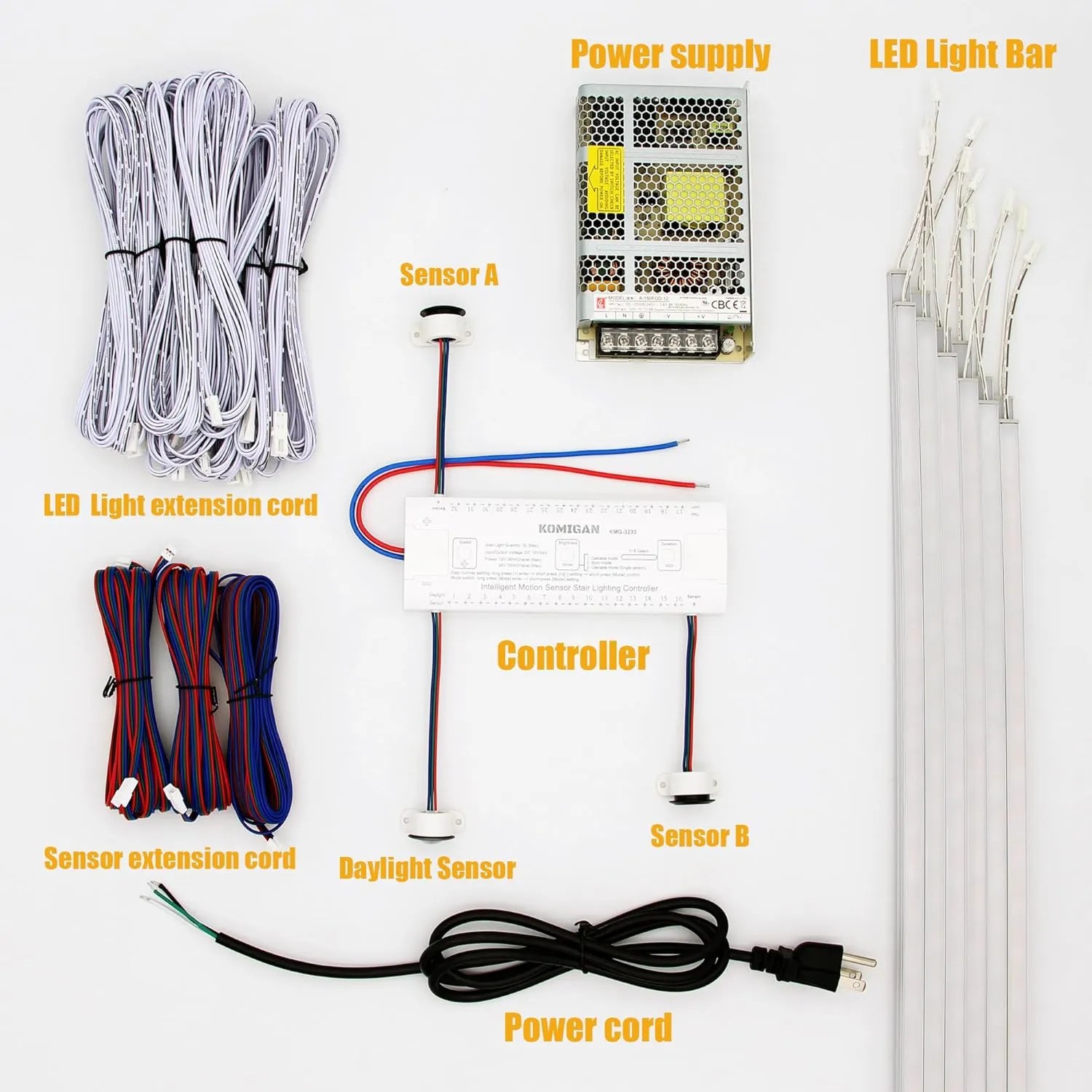 Motion-Activated Cascading Effect LED Stair Lighting Kit KMG-3233, 23.6" Aluminum Light Bar for Indoor Staircases (Cool White 6000K, 14 Stairs)