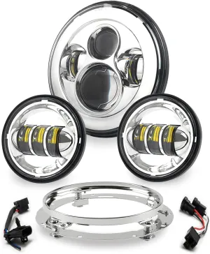 Motorcycle 7 inch LED Headlight kit with 4 1/2 Passing Lamps Fog Lights Compatible with Harley Davidson Road King Ultra Classic Electra Strees Glide FatBoy (Chrome)
