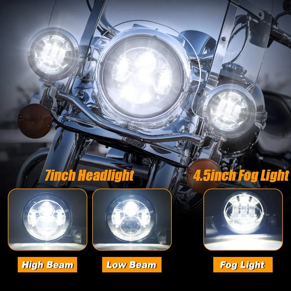 Motorcycle 7 inch LED Headlight kit with 4 1/2 Passing Lamps Fog Lights Compatible with Harley Davidson Road King Ultra Classic Electra Strees Glide FatBoy (Chrome)