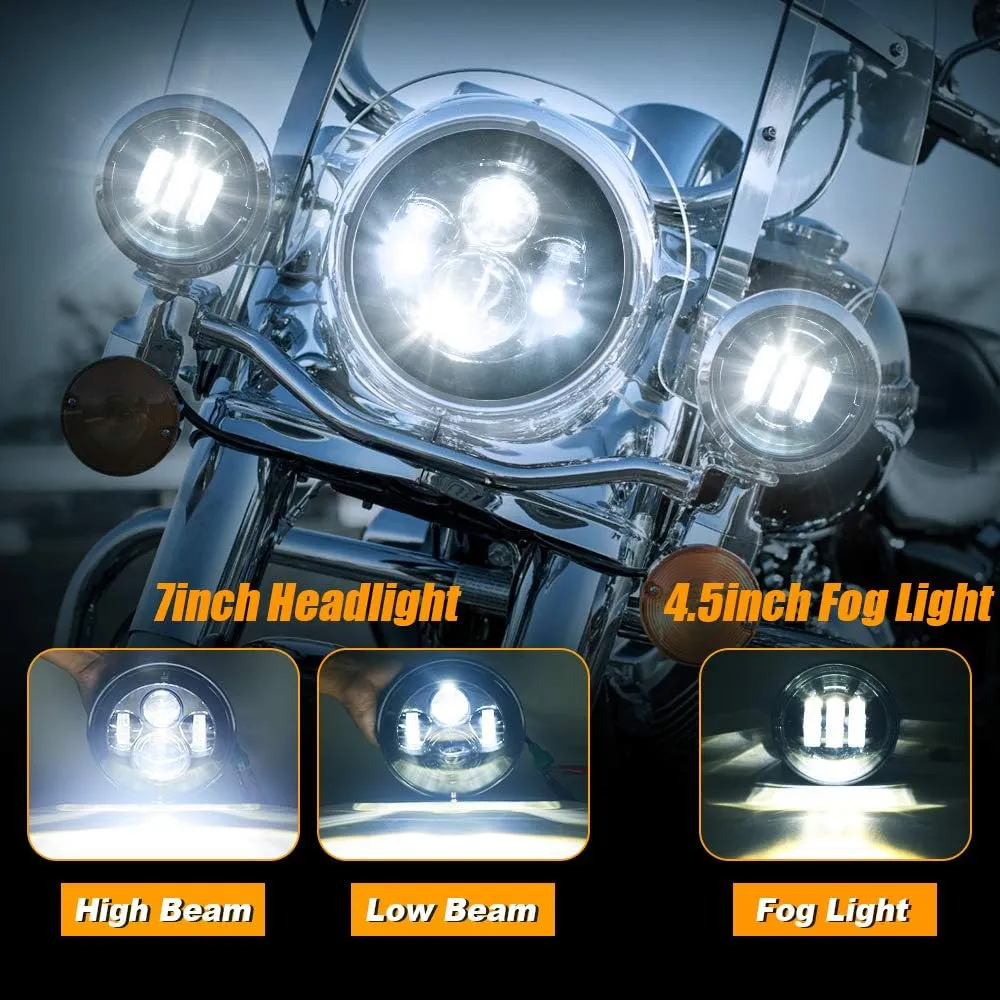 Motorcycle 7 inch LED Headlight kit with 4 1/2 Passing Lamps Fog Lights Compatible with Harley Davidson Road King Ultra Classic Electra Strees Glide FatBoy(Black)