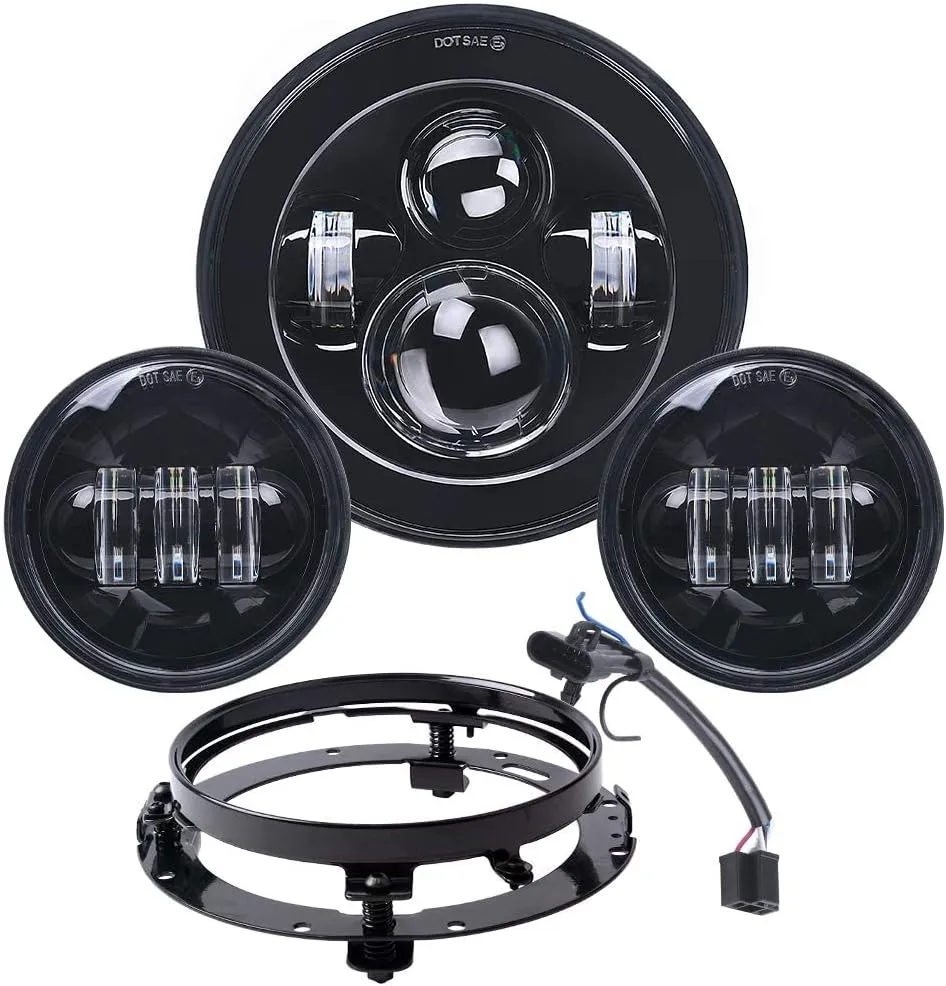 Motorcycle 7 inch LED Headlight kit with 4 1/2 Passing Lamps Fog Lights Compatible with Harley Davidson Road King Ultra Classic Electra Strees Glide FatBoy(Black)