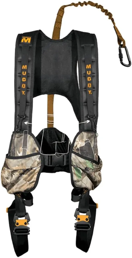 Muddy Hunting Tree Stand Safety Systems Lightweight Padded Nylon Quick-Release Crossover Harness Combo, Large