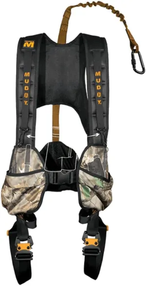 Muddy Hunting Tree Stand Safety Systems Lightweight Padded Nylon Quick-Release Crossover Harness Combo, Large