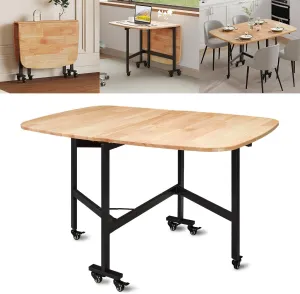 Multifunction Table Drop Leaf Dining Table - 47" Solid Wooden Foldable Kitchen Table with 6 Wheels (Natural)