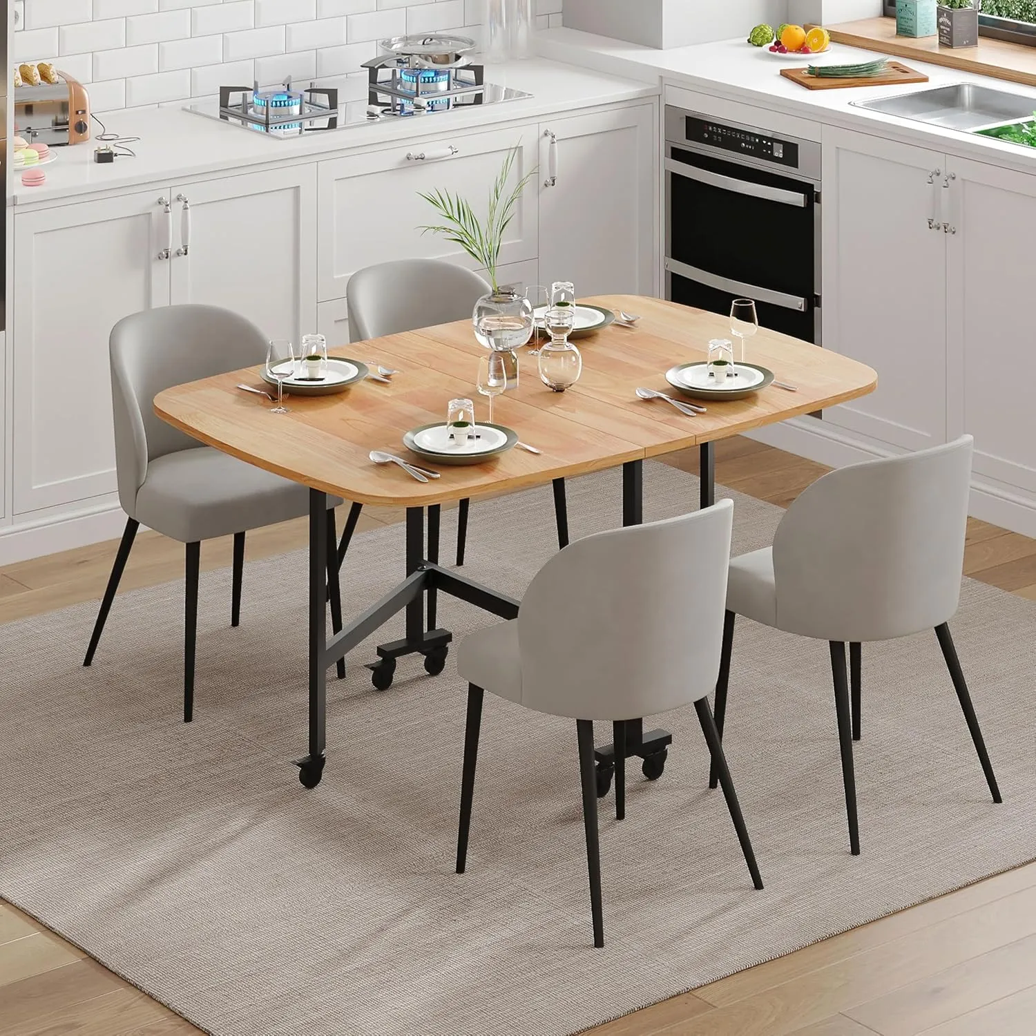 Multifunction Table Drop Leaf Dining Table - 47" Solid Wooden Foldable Kitchen Table with 6 Wheels (Natural)