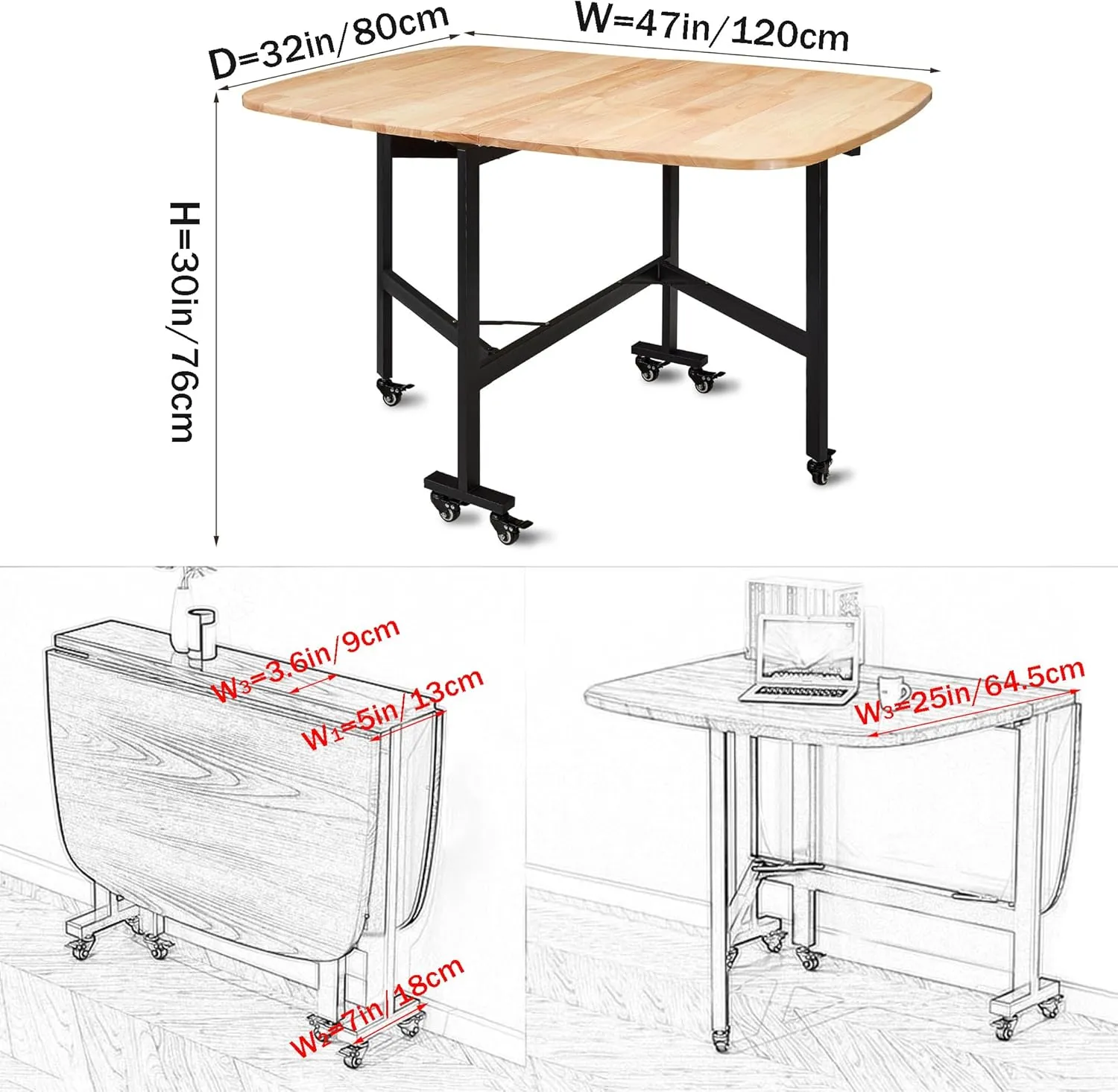 Multifunction Table Drop Leaf Dining Table - 47" Solid Wooden Foldable Kitchen Table with 6 Wheels (Natural)