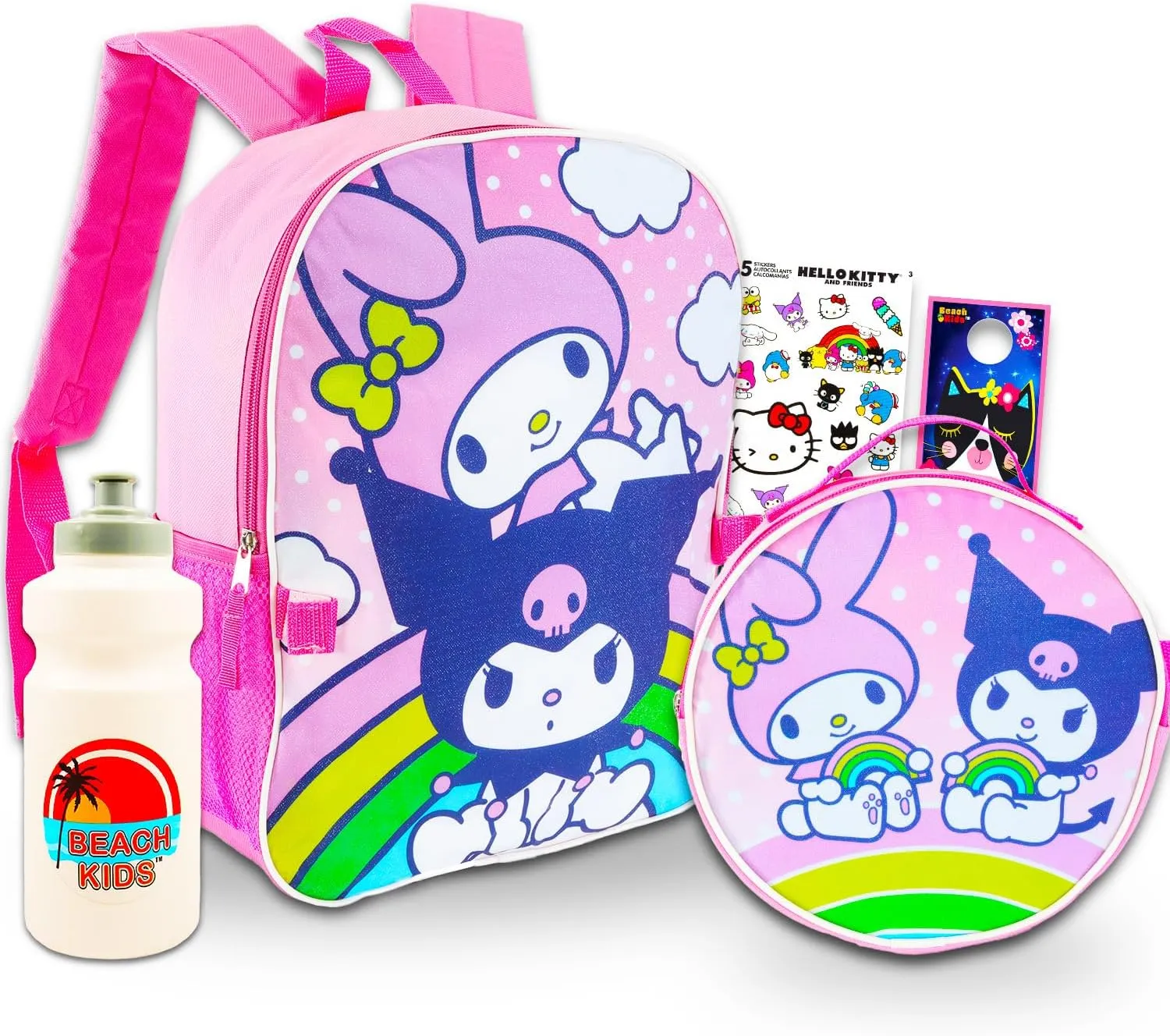 My Melody & Kuromi Backpack and Lunch Box Set for Girls - Bundle with 16” My Melody & Kuromi Backpack, Lunch Bag, Water Bottle, Stickers, More | Hello Kitty and Friends Backpack Set