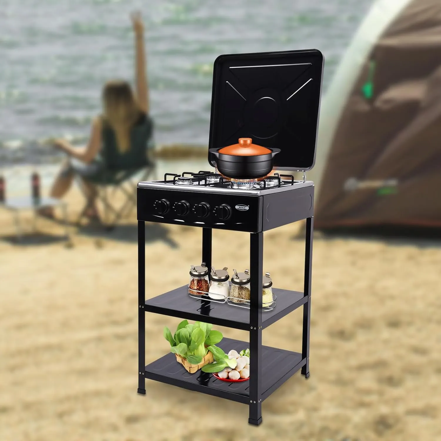 Natural Gas Stove,Gas Stove Portable Stove 4 Burner with Support Leg Stand and Wind Blocking Cover Adapter Manual Ignition Camping Stove for Home Use (Black)