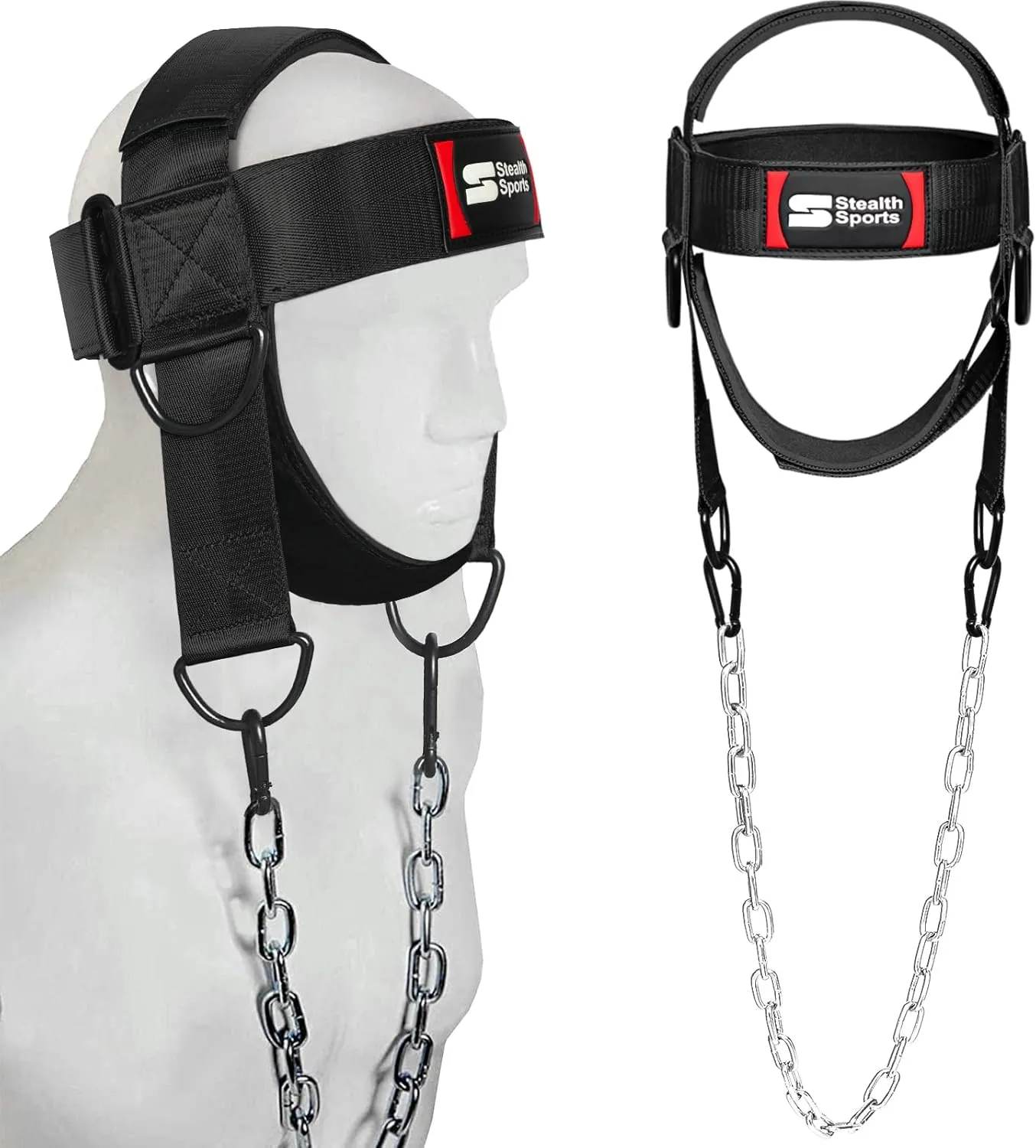 Neck Harness with 88cm Adjustable Chain - 360 Degree Thick Neoprene Padded Chin & Head Straps Neck Exerciser for Weight Training & Neck Workout Head Harness for Weight Lifting