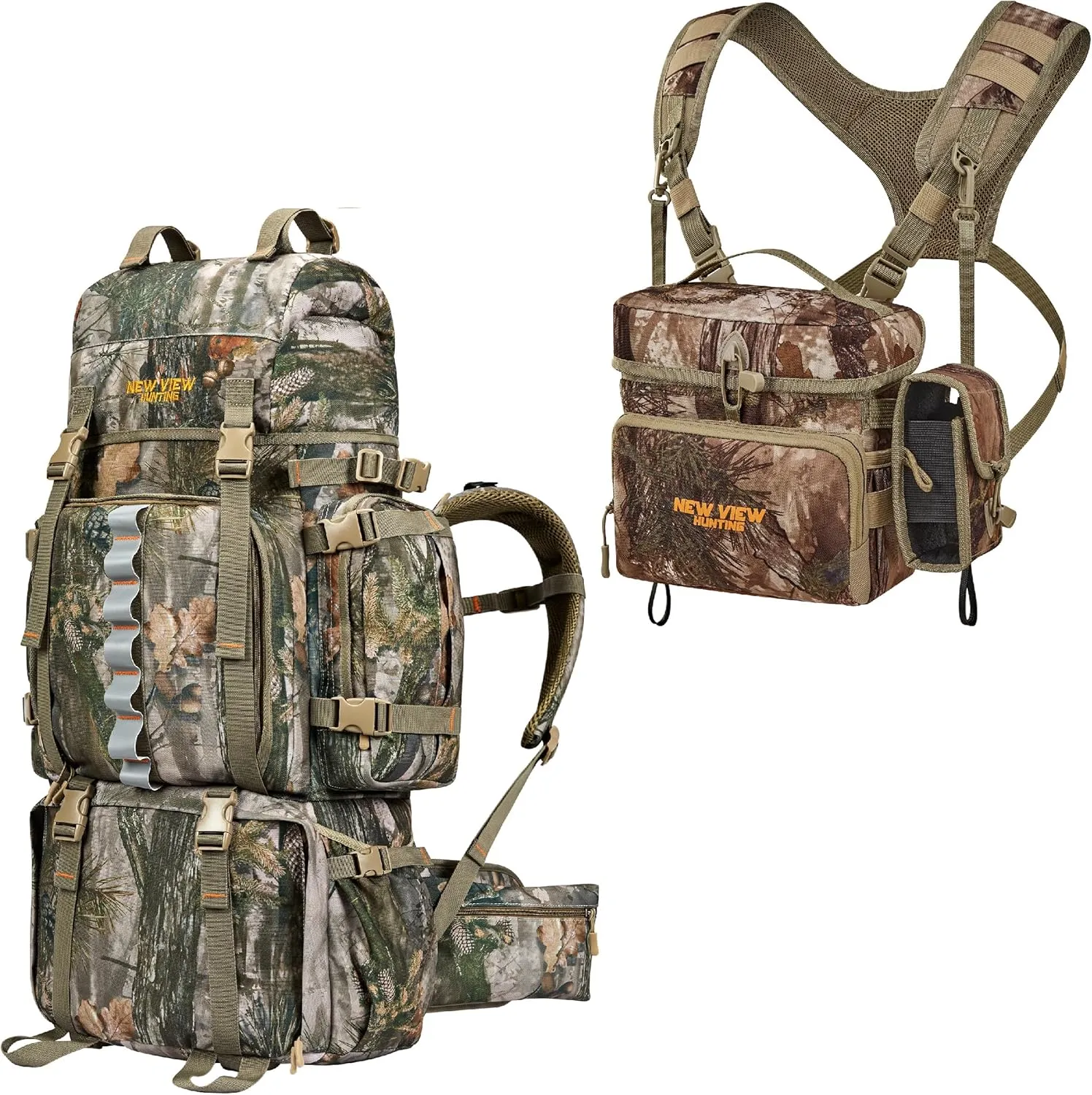 NEW VIEW 80L Hunting Backpack with Waterproof Rain Cover & Binocular Straps Harness Chest Pack with Detachable Rangefinder Pouch