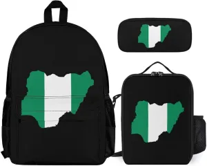 Nigeria Flag Map Backpack with Lunch Box Pencil Case 3pcs for Work and Leisure Day Trips