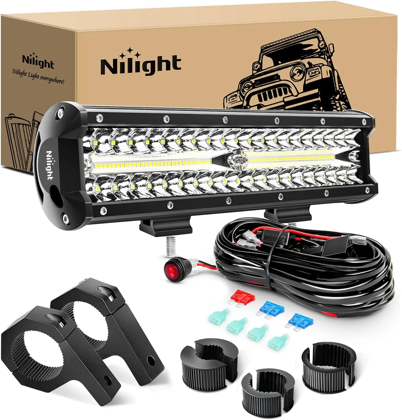 Nilight 12 Inch 300W LED Light Bar Triple Row Flood Spot Combo, Aluminum Housing, IP67 Waterproof, 30000LM, 2 Years Warranty
