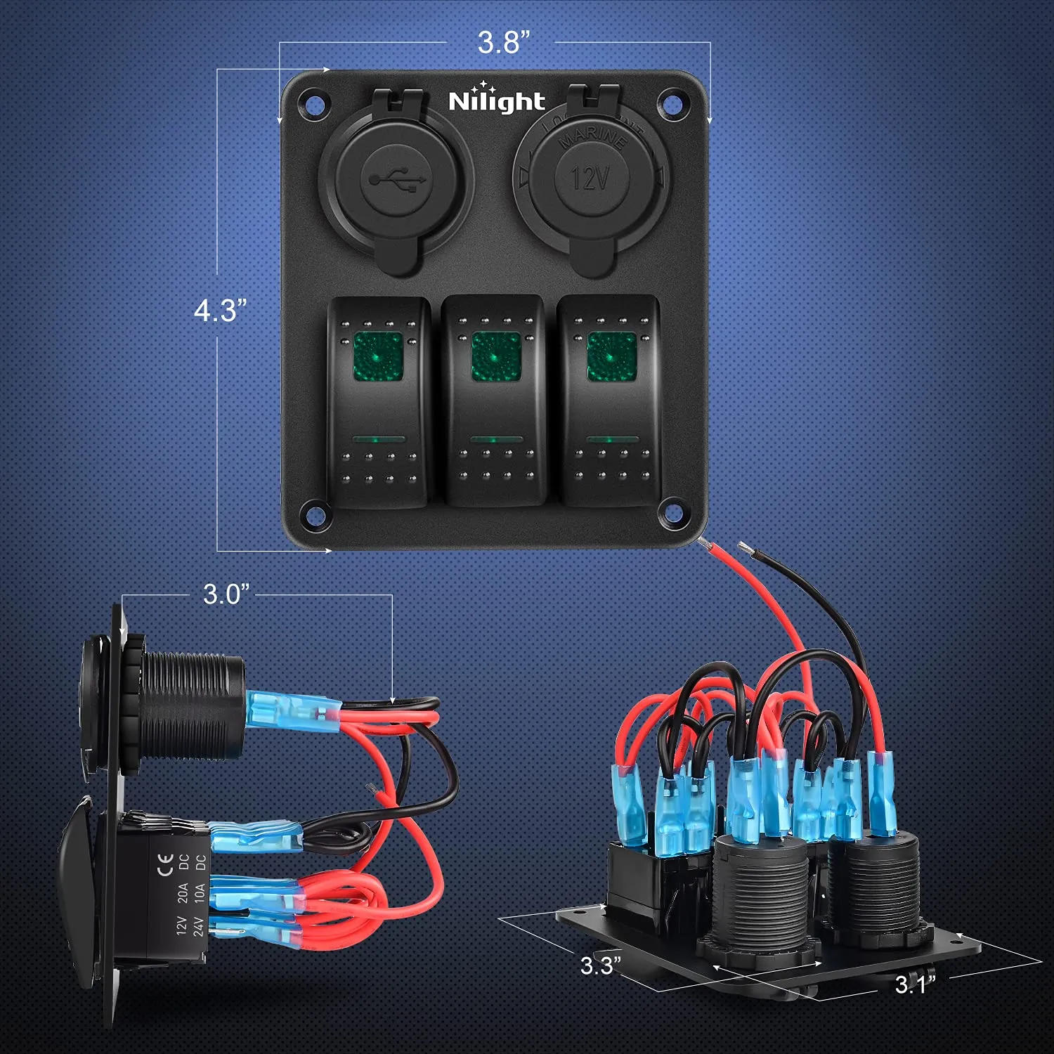 Nilight 3 Gang Rocker Switch Panel with USB Charger and Cigar Lighter 12V 24V Toggle ON Off Green Night Glow Stickers for Cars Rvs Trucks