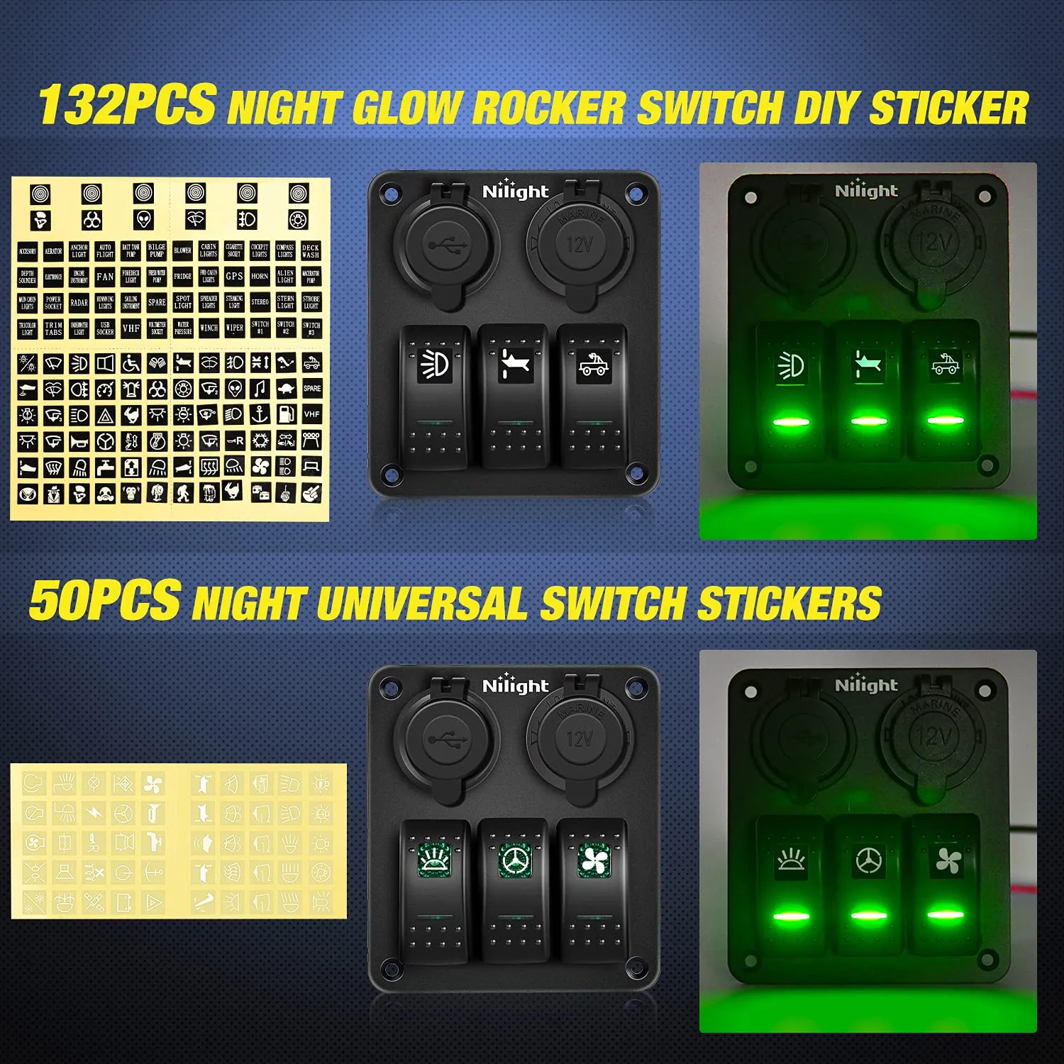 Nilight 3 Gang Rocker Switch Panel with USB Charger and Cigar Lighter 12V 24V Toggle ON Off Green Night Glow Stickers for Cars Rvs Trucks