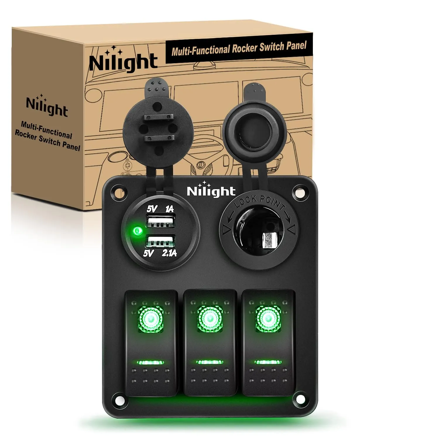 Nilight 3 Gang Rocker Switch Panel with USB Charger and Cigar Lighter 12V 24V Toggle ON Off Green Night Glow Stickers for Cars Rvs Trucks