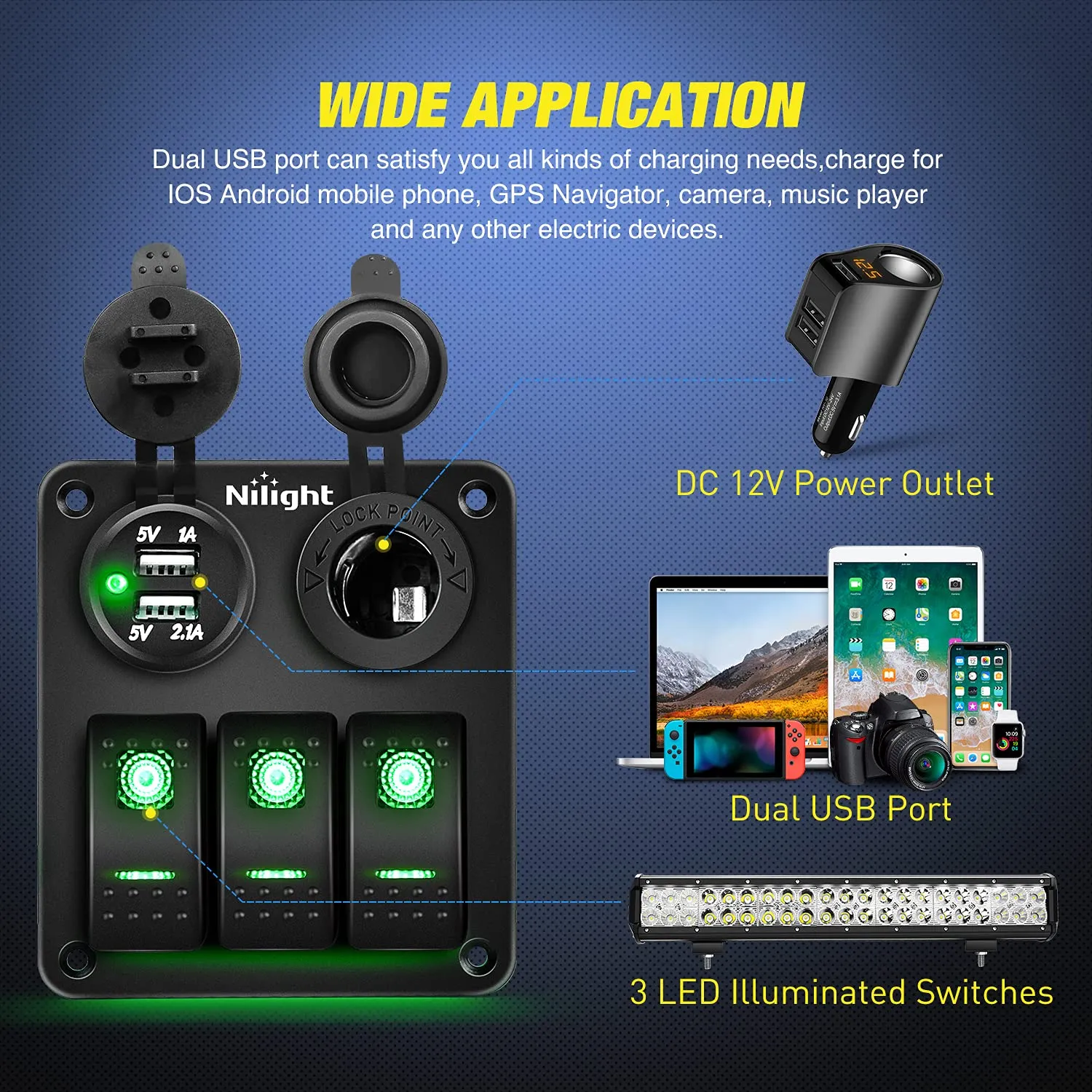 Nilight 3 Gang Rocker Switch Panel with USB Charger and Cigar Lighter 12V 24V Toggle ON Off Green Night Glow Stickers for Cars Rvs Trucks
