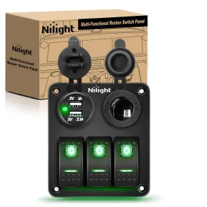 Nilight 3 Gang Rocker Switch Panel with USB Charger and Cigar Lighter 12V 24V Toggle ON Off Green Night Glow Stickers for Cars Rvs Trucks