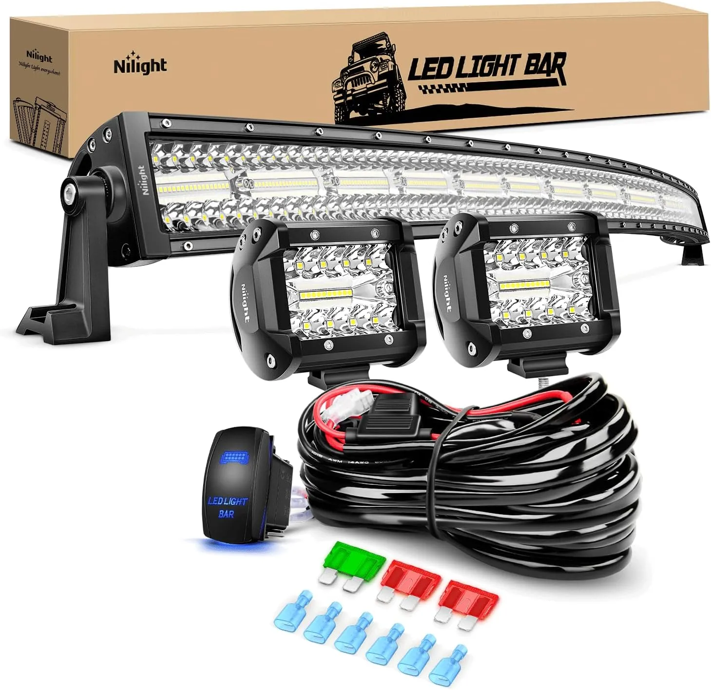 Nilight 42Inch LED Light Bar 2Pcs 4Inch 60W Spot Flood Lights Pods Off Road DrivingWork Lighting with 14AWG Wiring Harness Kit-3 Leads for Truck Tractor Pickup Boat SUV ATV UTV Car Van Camper