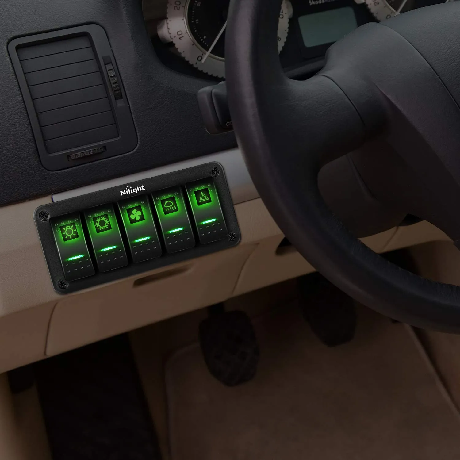 Nilight 5 Gang Rocker Switch Panel 5Pin On Off Toggle Aluminum Holder 12V 24V Dash Pre-Wired Green Backlit Switches for Automotive Cars Marine Boats RVs Truck