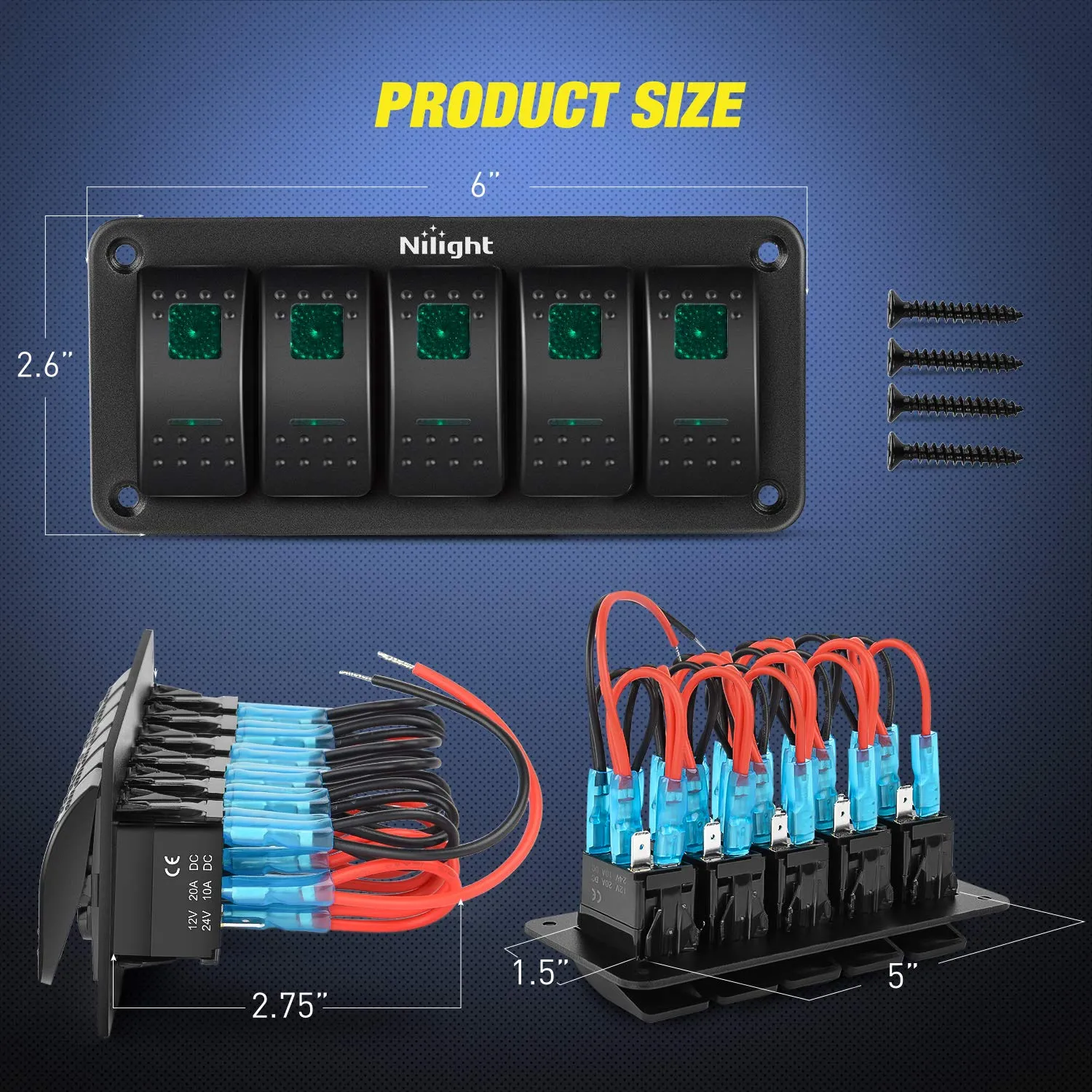 Nilight 5 Gang Rocker Switch Panel 5Pin On Off Toggle Aluminum Holder 12V 24V Dash Pre-Wired Green Backlit Switches for Automotive Cars Marine Boats RVs Truck