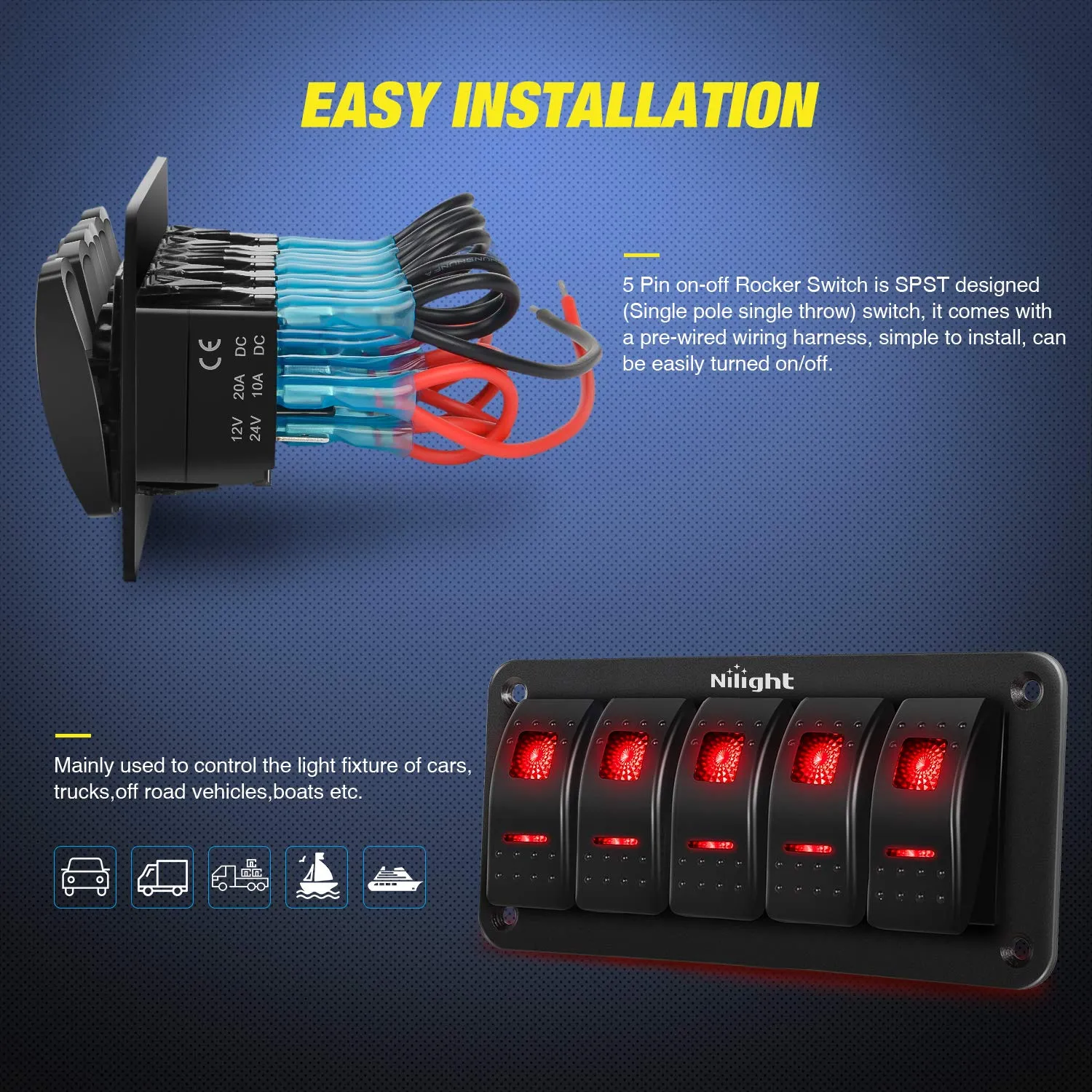 Nilight 5 Gang Rocker Switch Panel 5Pin On Off Toggle Aluminum Holder 12V 24V Dash Pre-Wired Red Backlit Switches for Automotive Cars Marine Boats RVs Truck