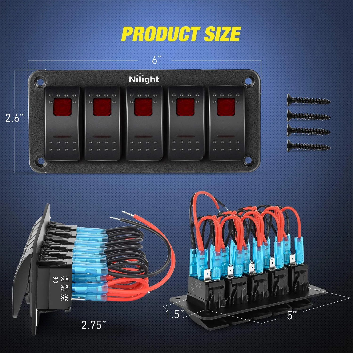 Nilight 5 Gang Rocker Switch Panel 5Pin On Off Toggle Aluminum Holder 12V 24V Dash Pre-Wired Red Backlit Switches for Automotive Cars Marine Boats RVs Truck