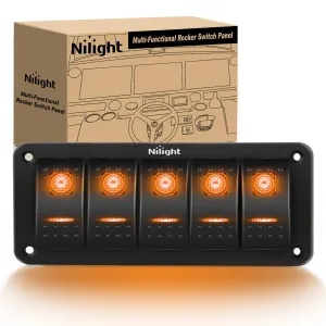 Nilight 5 Gang Rocker Switch Panel with Orange LED Light 5 Pin On Off Pre-Wired Aluminum Toggle Switches Waterproof for 12V/24V Cars Marine Boats ATVs Trailers RV Trucks