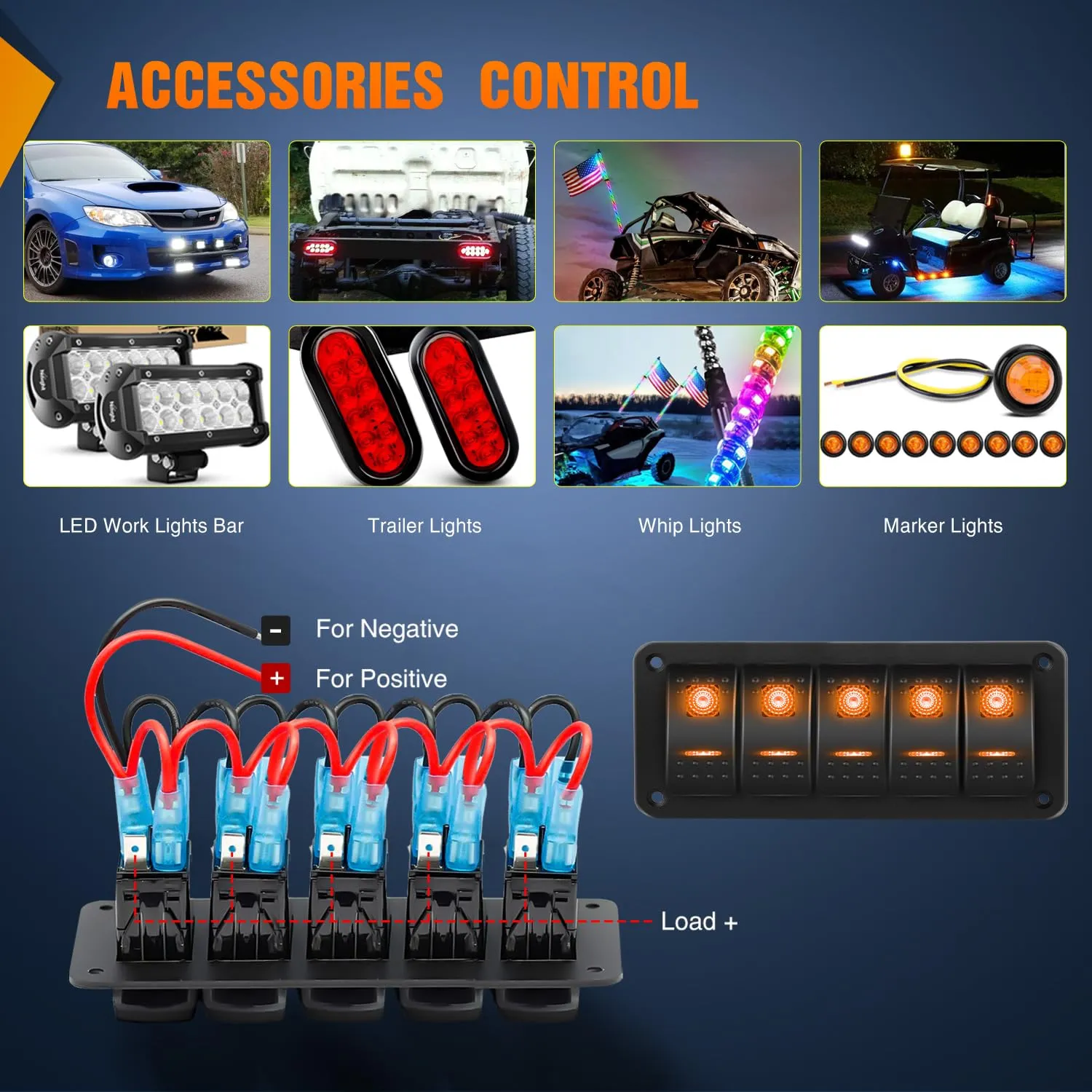 Nilight 5 Gang Rocker Switch Panel with Orange LED Light 5 Pin On Off Pre-Wired Aluminum Toggle Switches Waterproof for 12V/24V Cars Marine Boats ATVs Trailers RV Trucks