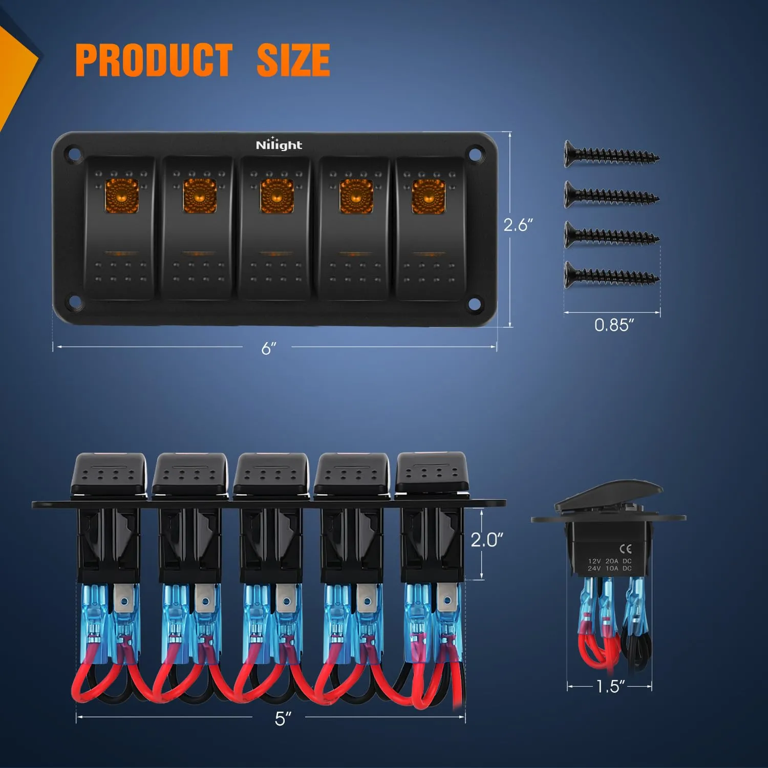 Nilight 5 Gang Rocker Switch Panel with Orange LED Light 5 Pin On Off Pre-Wired Aluminum Toggle Switches Waterproof for 12V/24V Cars Marine Boats ATVs Trailers RV Trucks