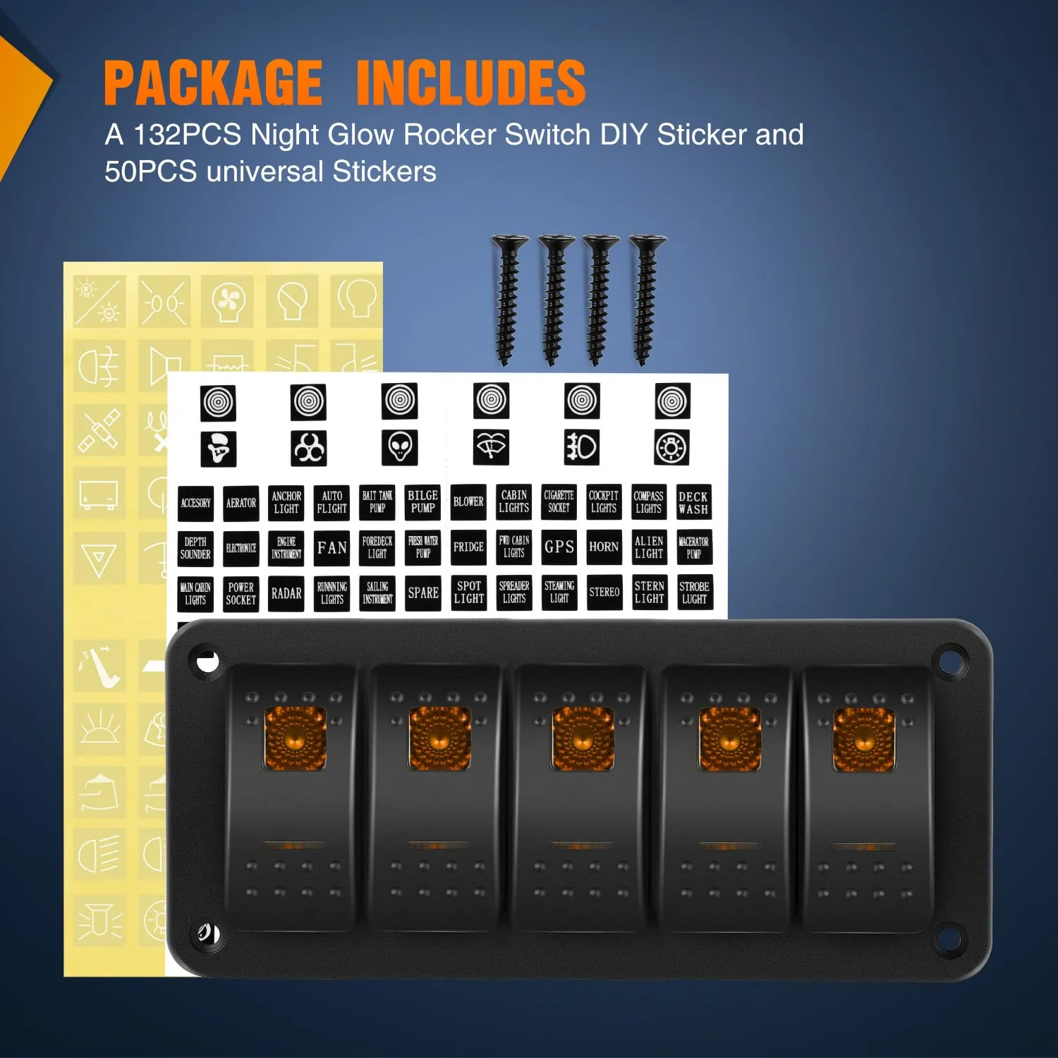 Nilight 5 Gang Rocker Switch Panel with Orange LED Light 5 Pin On Off Pre-Wired Aluminum Toggle Switches Waterproof for 12V/24V Cars Marine Boats ATVs Trailers RV Trucks