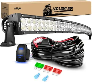 Nilight 52Inch 300W Curved Spot Flood Combo Led Light Bar Off Road Driving Lights Boat Lights Fog Light 12V On/Off 5 Pin Rocker Switch Power 12AWG Wiring Harness Kit-1 Lead for Trucks,2 Years Warranty