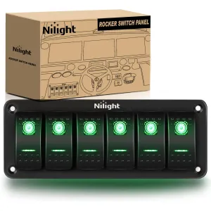 Nilight 6 Gang Rocker Switch Panel 5Pin On Off Toggle Aluminum Holder 12V 24V Dash Pre-Wired Green Backlit Switches for Automotive Cars Marine Boats RVs Truck