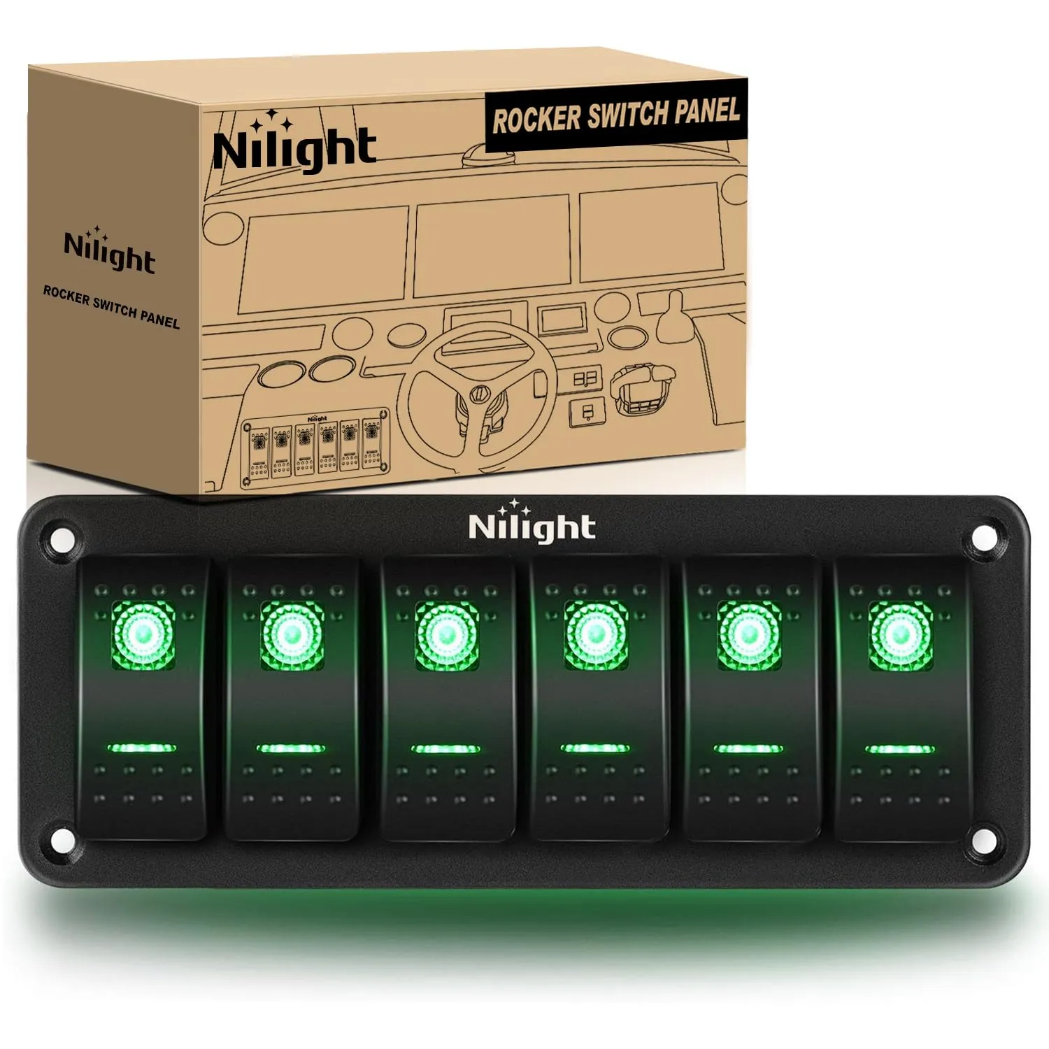 Nilight 6 Gang Rocker Switch Panel 5Pin On Off Toggle Aluminum Holder 12V 24V Dash Pre-Wired Green Backlit Switches for Automotive Cars Marine Boats RVs Truck