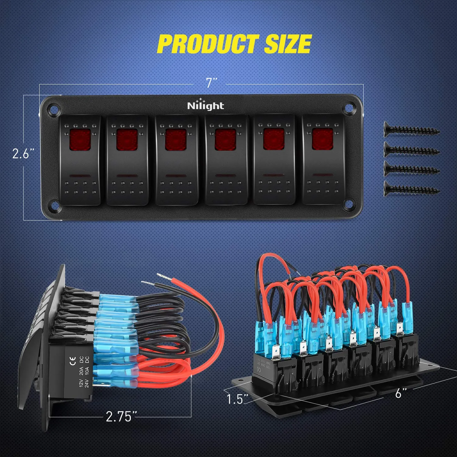 Nilight 6 Gang Rocker Switch Panel 5Pin On Off Toggle Aluminum Holder 12V 24V Dash Pre-Wired Red Backlit Switches for Automotive Cars Marine Boats RVs Truck