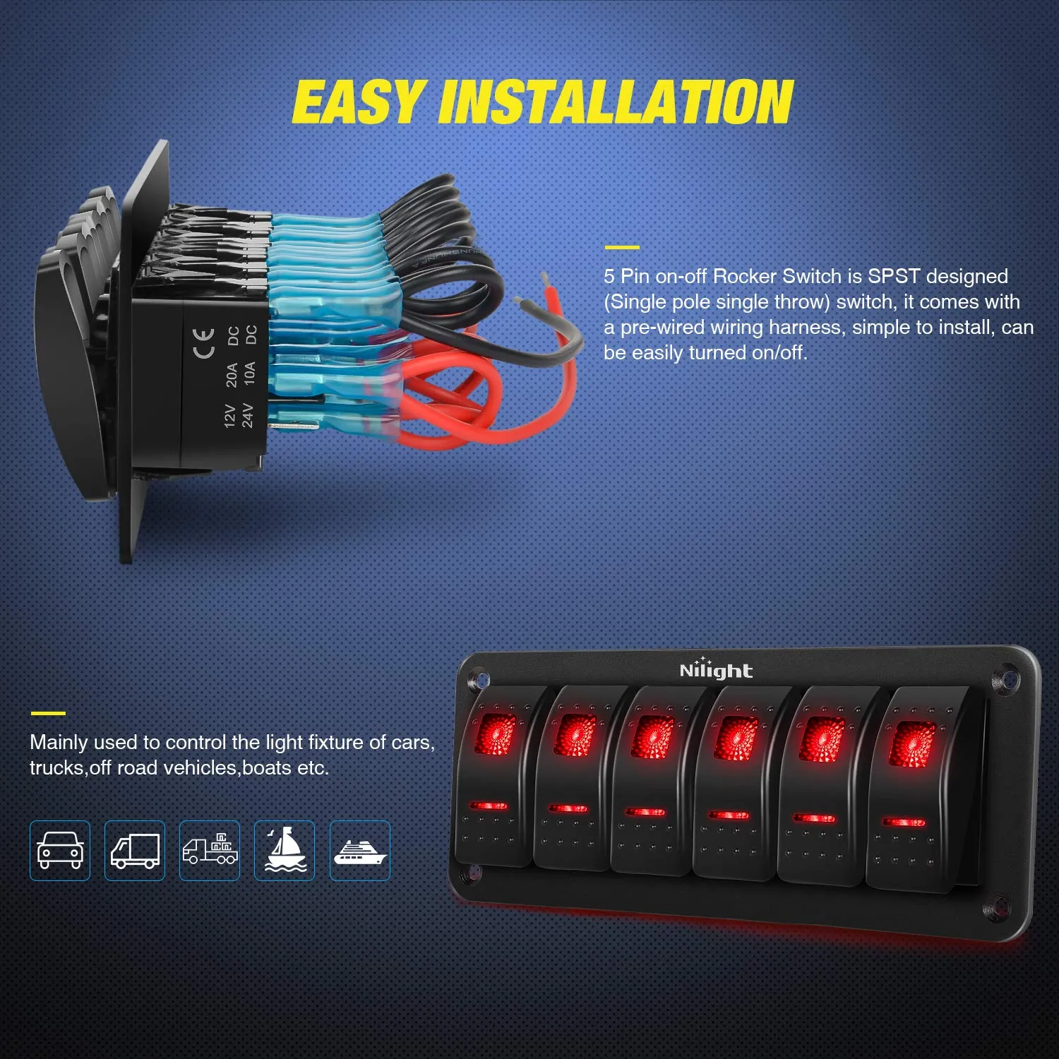 Nilight 6 Gang Rocker Switch Panel 5Pin On Off Toggle Aluminum Holder 12V 24V Dash Pre-Wired Red Backlit Switches for Automotive Cars Marine Boats RVs Truck