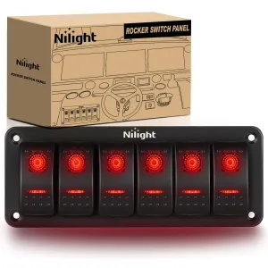 Nilight 6 Gang Rocker Switch Panel 5Pin On Off Toggle Aluminum Holder 12V 24V Dash Pre-Wired Red Backlit Switches for Automotive Cars Marine Boats RVs Truck