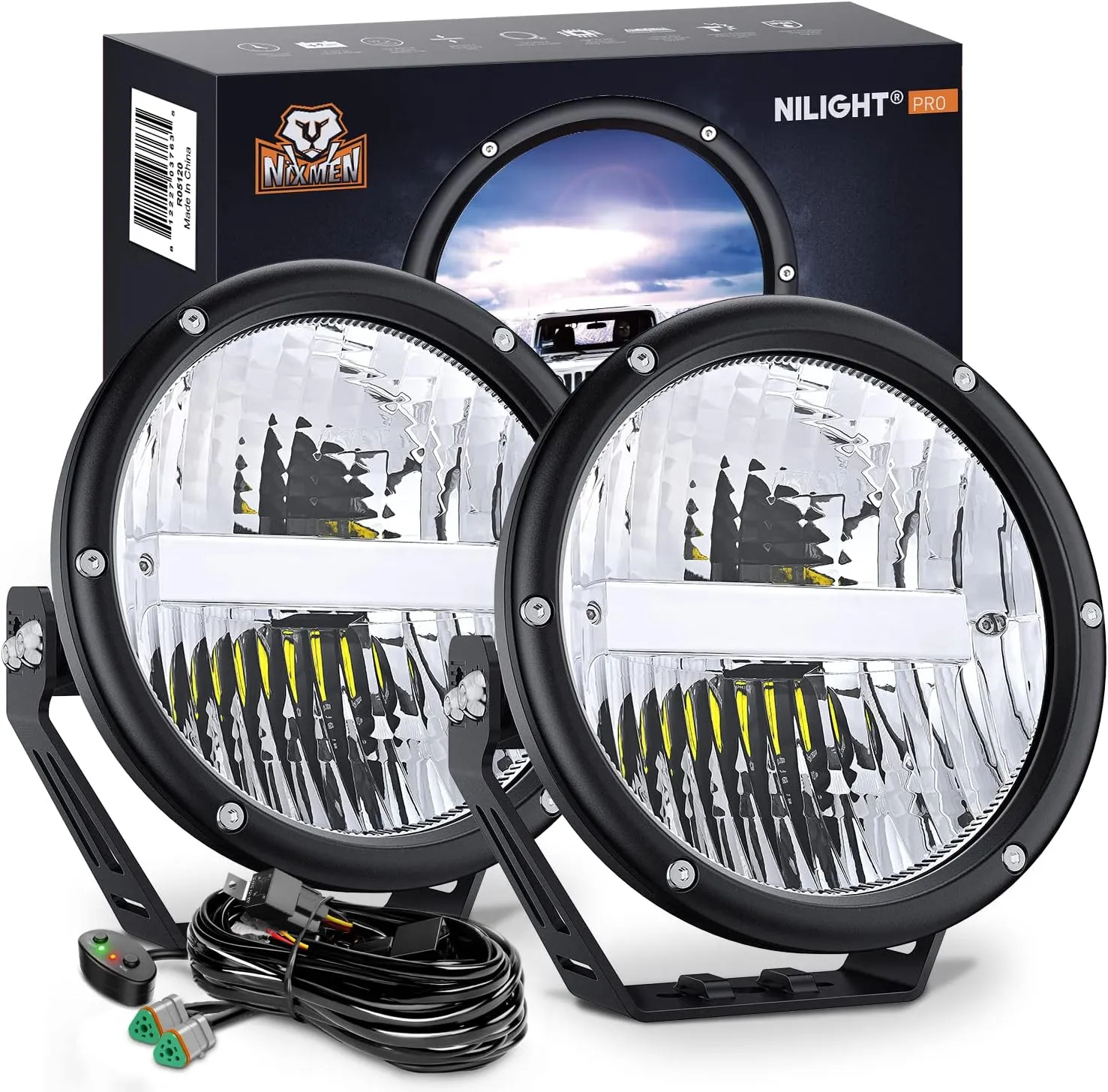 Nilight 7 Inch Round Offroad Lights 2 PCS 120 W High Low Beam IP68 LED Driving Pods Built-in EMC with 14AWG DT Connector Wiring Harness Kit for Truck ATV UTV SUV