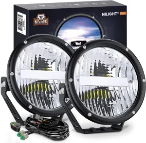 Nilight 7 Inch Round Offroad Lights 2 PCS 120 W High Low Beam IP68 LED Driving Pods Built-in EMC with 14AWG DT Connector Wiring Harness Kit for Truck ATV UTV SUV