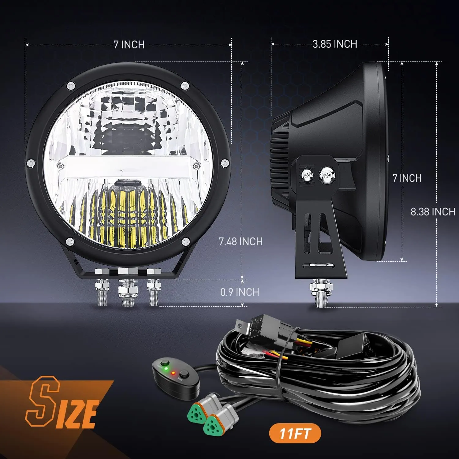 Nilight 7 Inch Round Offroad Lights 2 PCS 120 W High Low Beam IP68 LED Driving Pods Built-in EMC with 14AWG DT Connector Wiring Harness Kit for Truck ATV UTV SUV