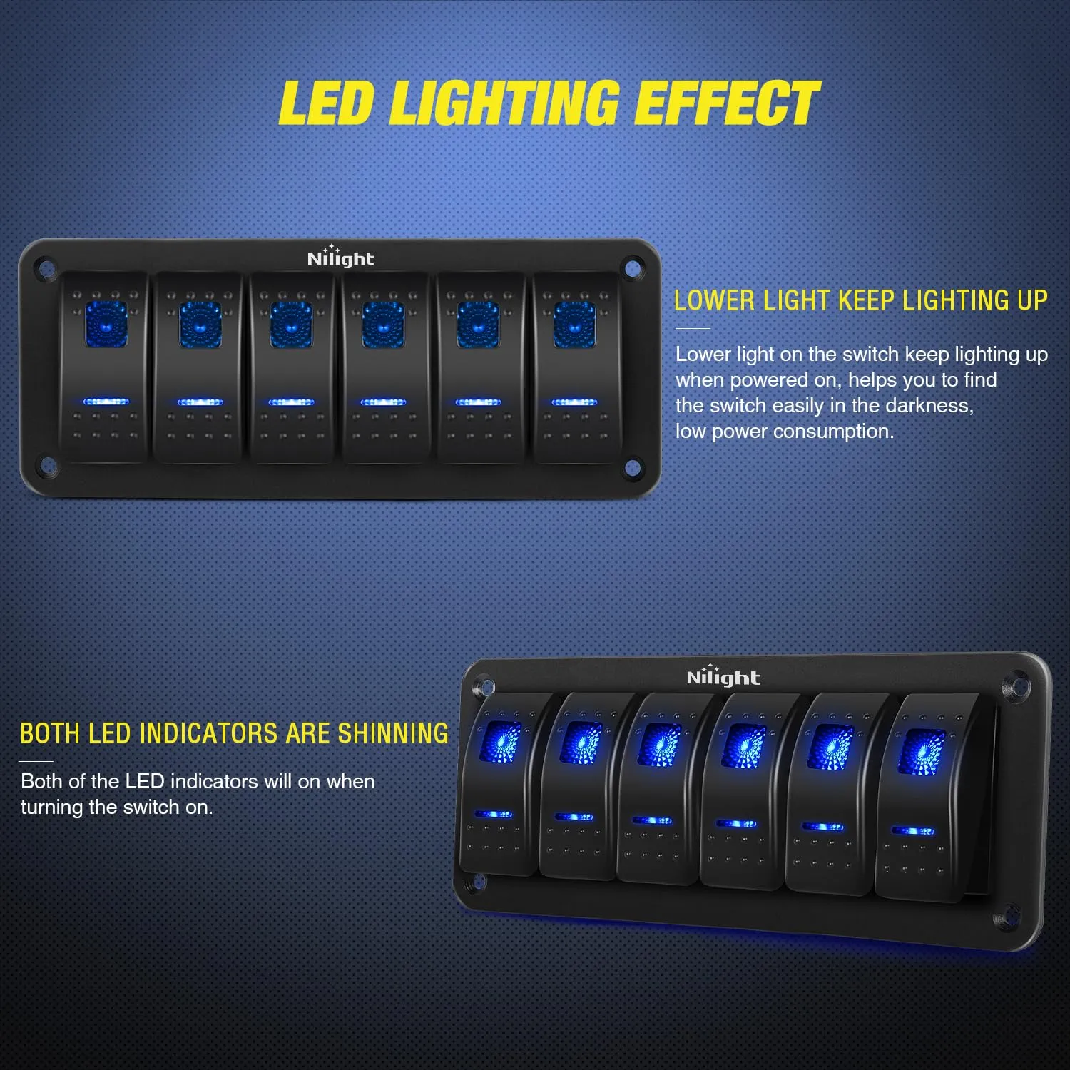 Nilight-90111F 6 Gang Aluminum Rocker Switch Panel Toggle Dash 5 Pin ON/Off Pre-Wired Rocker Switch Blue Backlit Switch for Automotive Car Marine Boat RV,2 Years Warranty