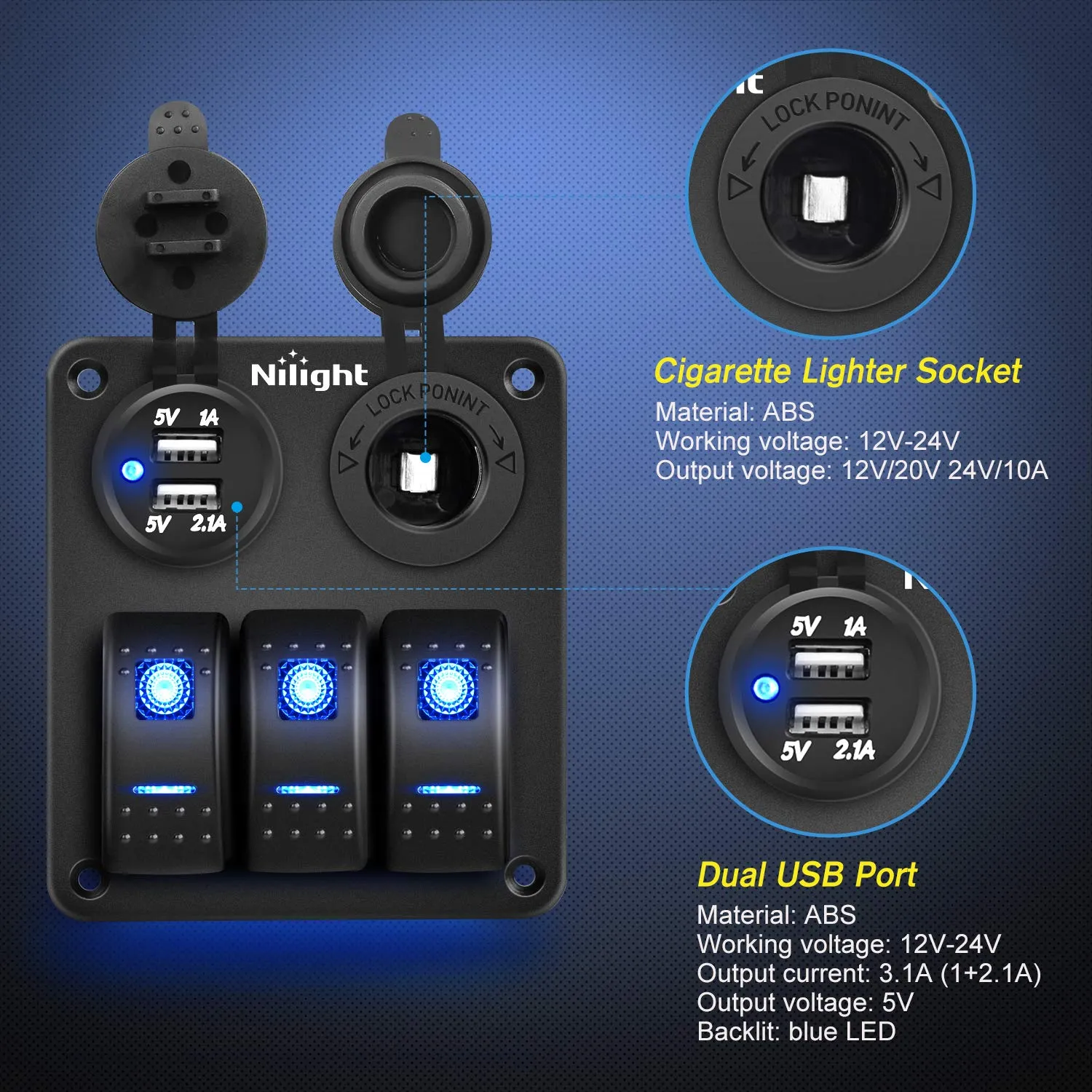 Nilight - 90115C 3 Gang Rocker Switch Panel Waterproof Pre-Wired Aluminum Switch Panel with Dual USB Charger Socket & Cigarette Lighter Socket 12V 24VDC ON Off Switch Panel for Cars Rvs Trucks