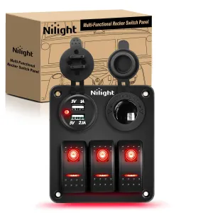Nilight ３ Gang Rocker Switch Panel with USB Charger and Cigar Lighter Red Night Glow Stickers12V 24V Toggle ON Off for Cars Rvs Trucks