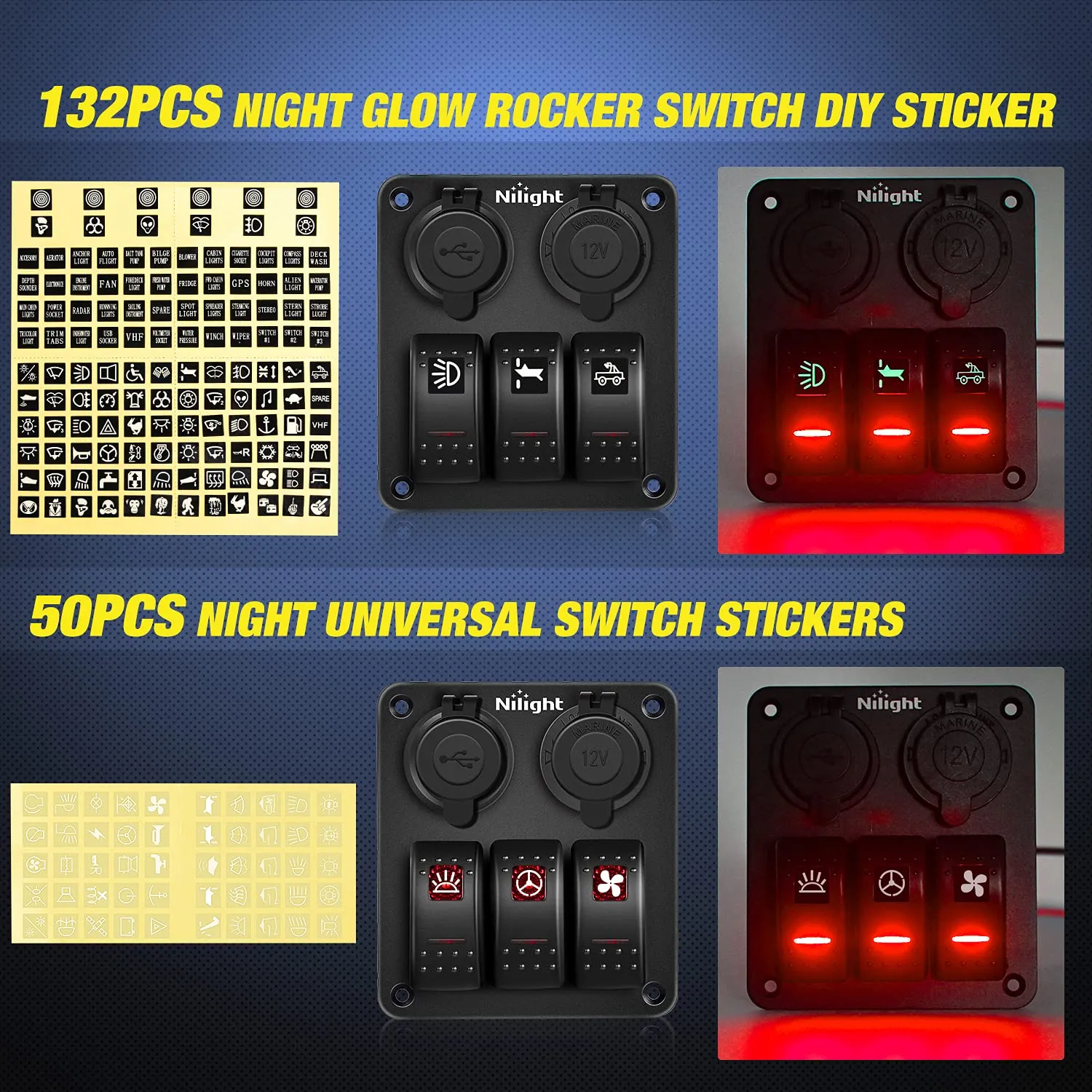Nilight ３ Gang Rocker Switch Panel with USB Charger and Cigar Lighter Red Night Glow Stickers12V 24V Toggle ON Off for Cars Rvs Trucks